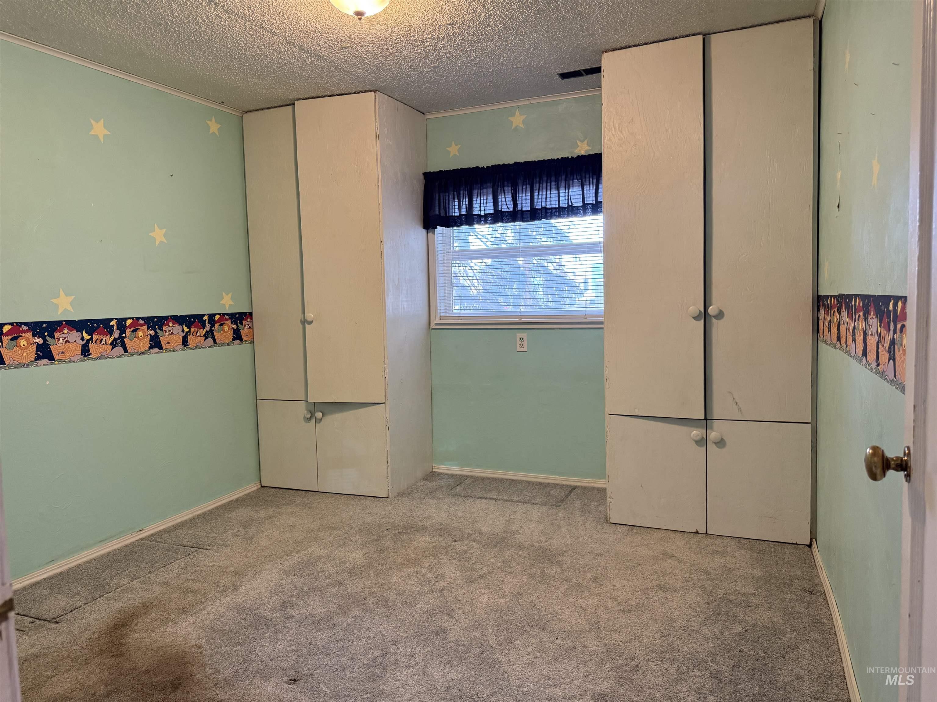 Unfurnished bedroom featuring carpet and a textured ceiling