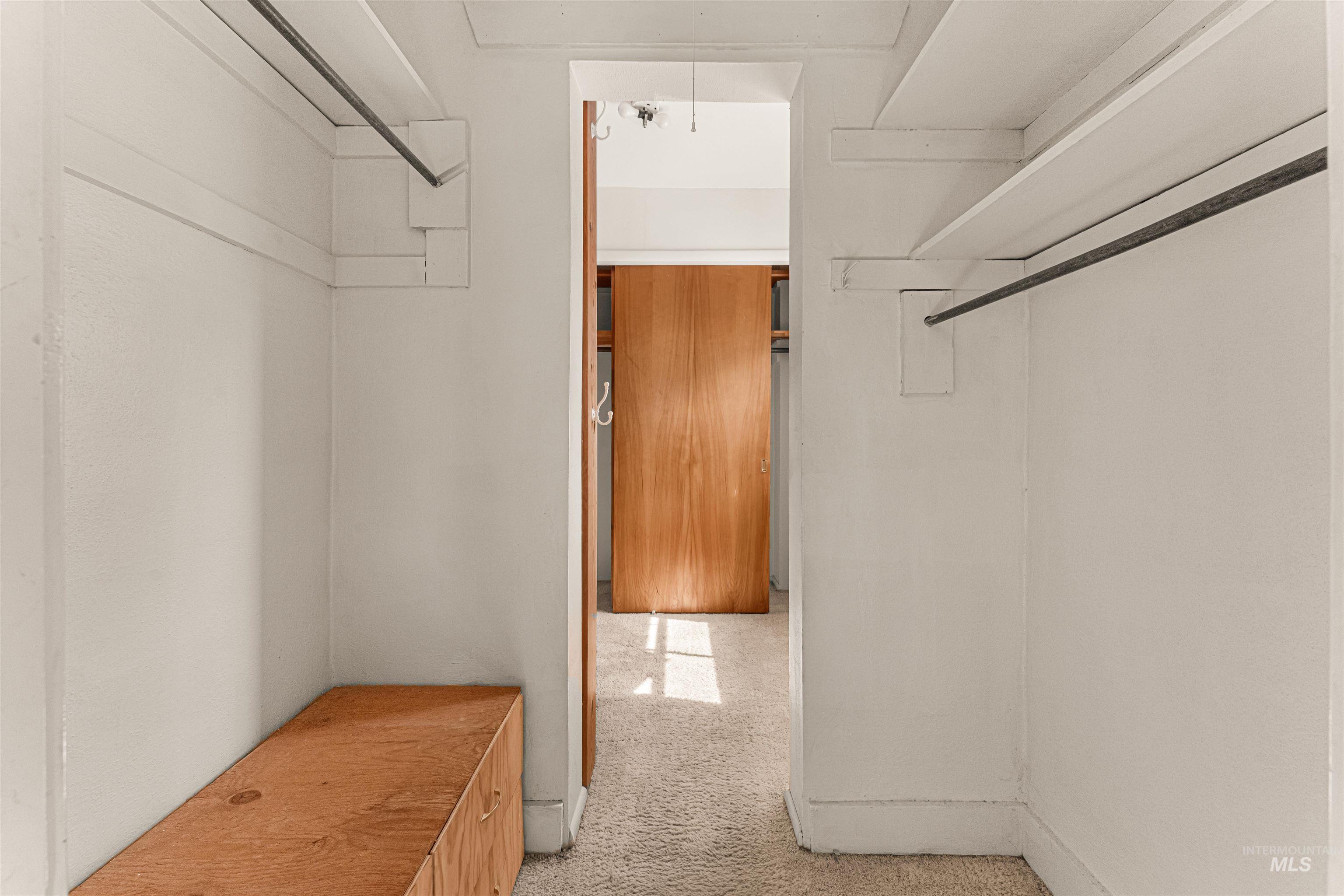 Spacious closet with light carpet and attic access