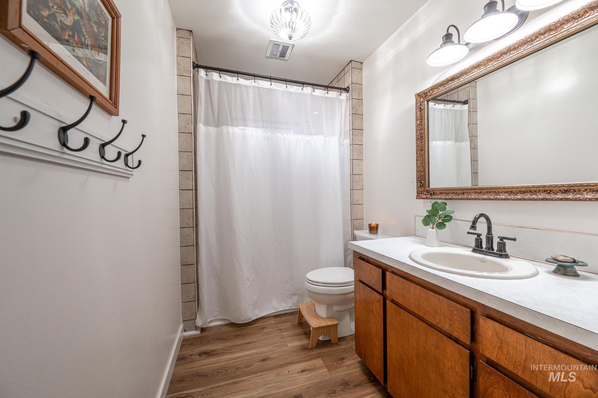 Bathroom with dark wood finished floors, vanity, and curtained shower