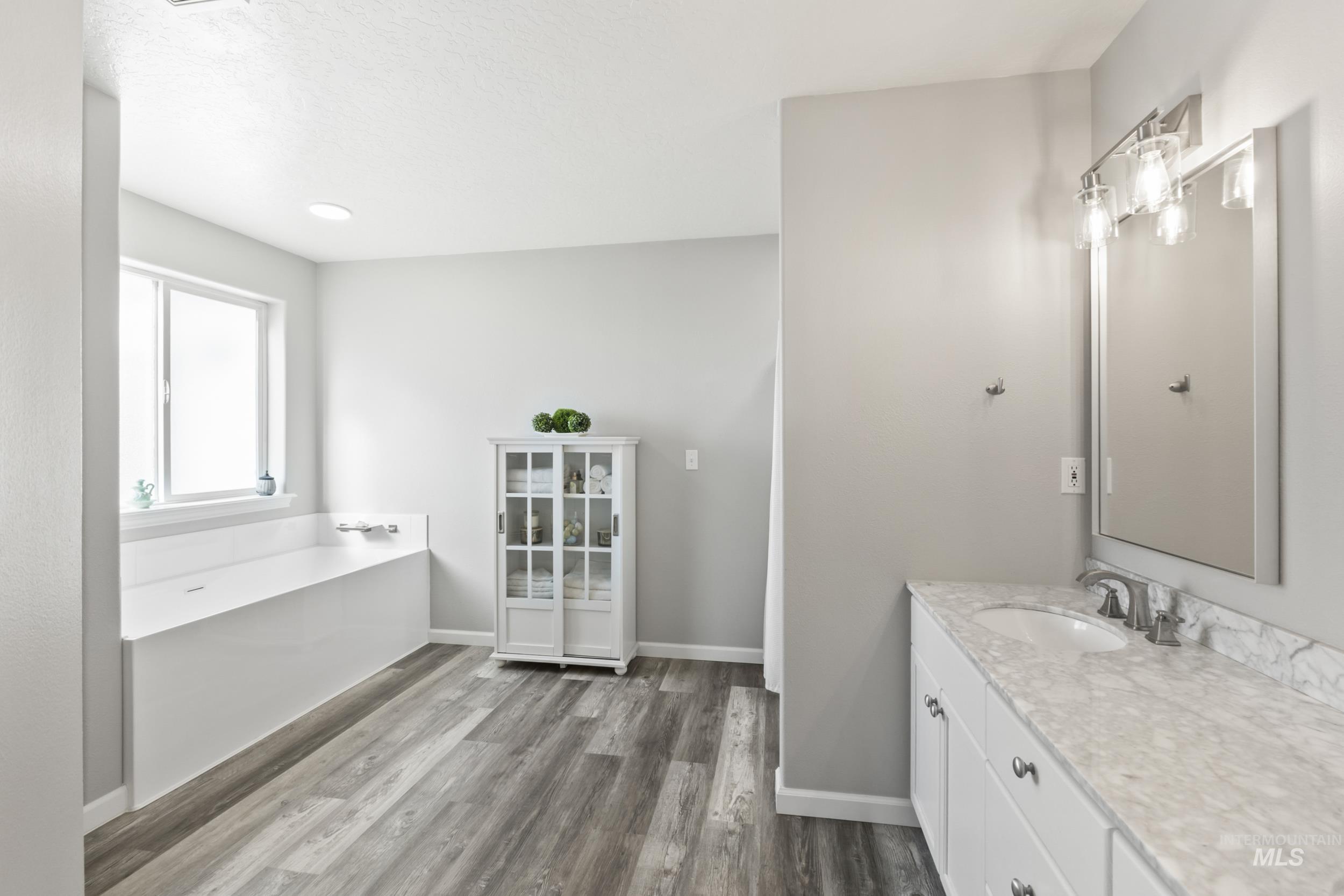 Bathroom with vanity, a garden tub, and dark wood-type flooring