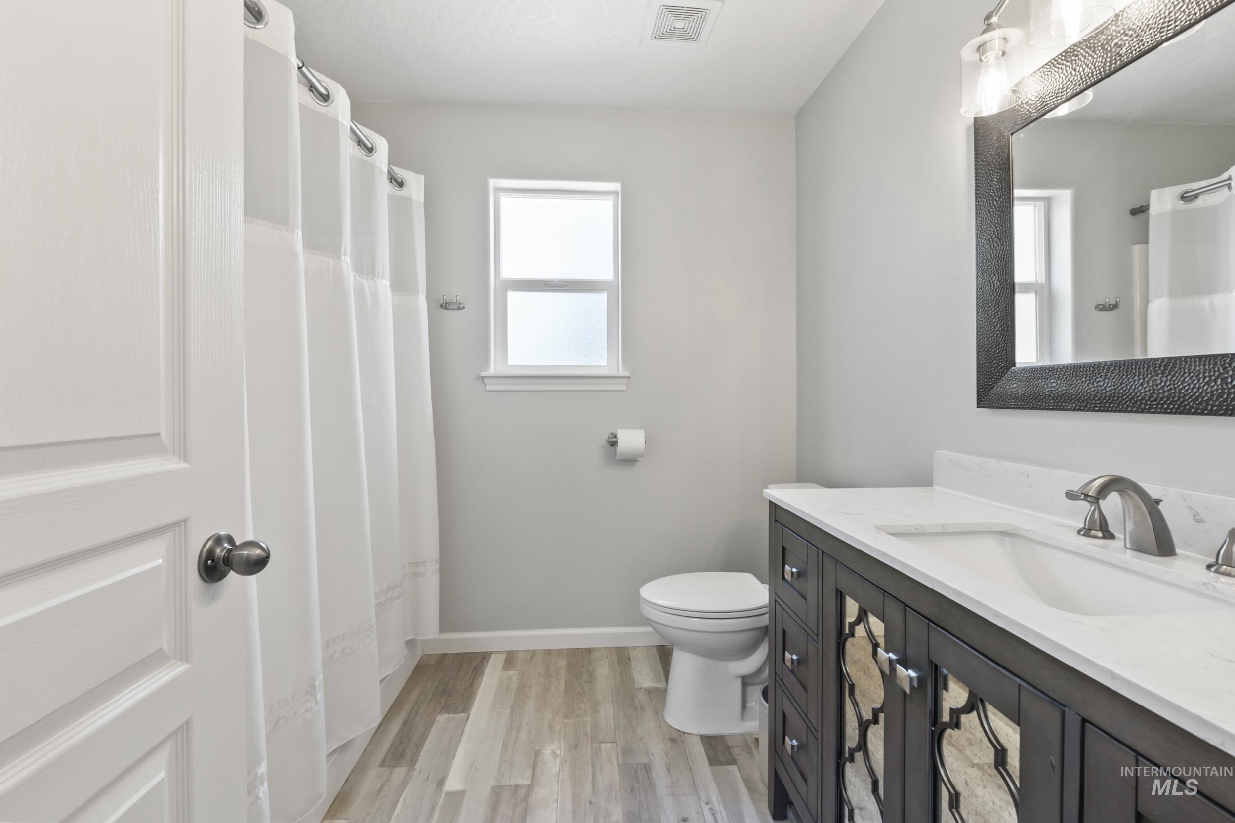Full bathroom featuring vanity, light wood finished floors, and a shower with shower curtain