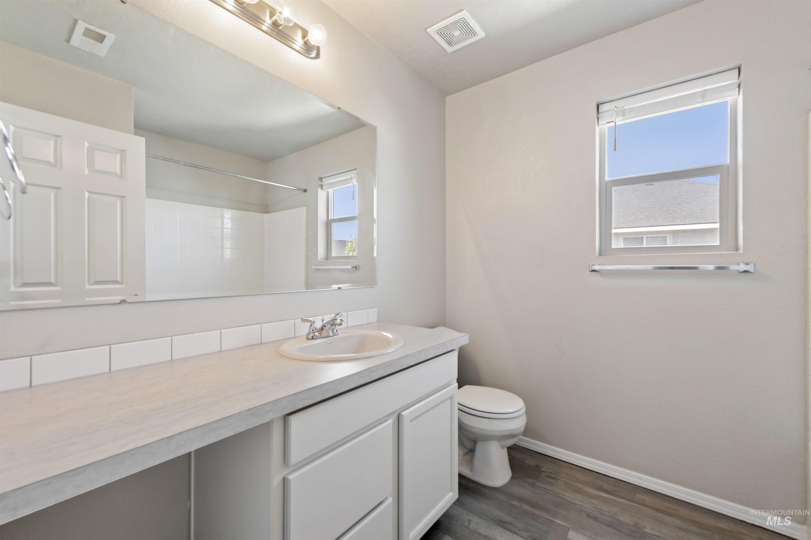 Bathroom with dark wood-style flooring and vanity