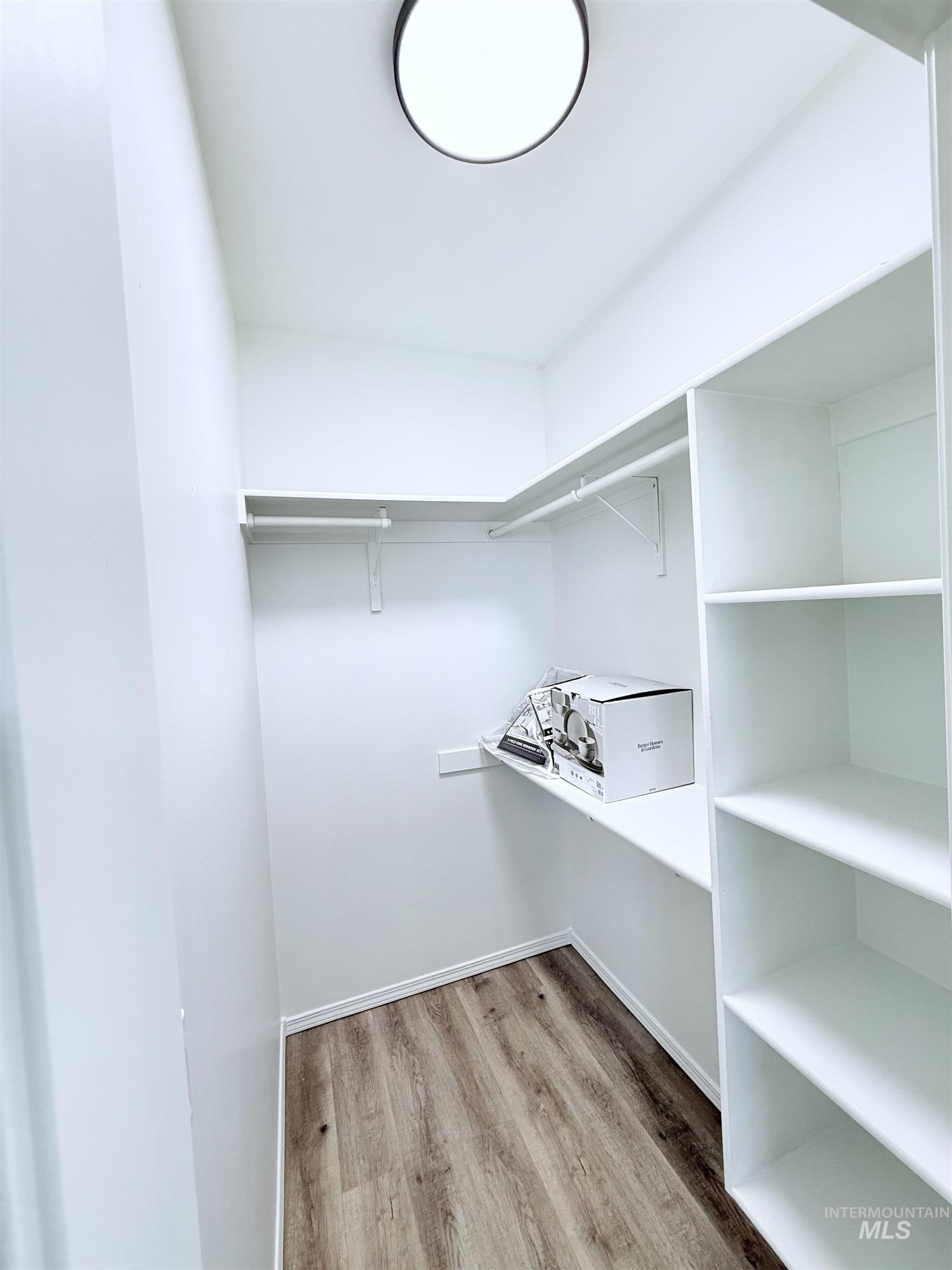 Walk in closet with light wood-style floors