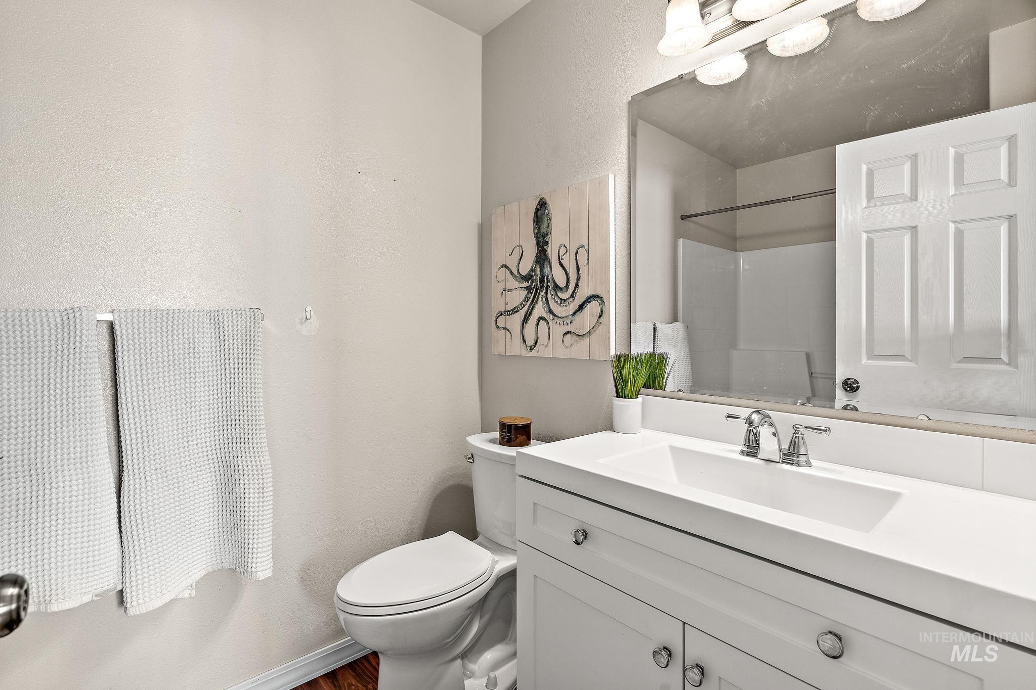 Full bath featuring vanity, wood finished floors, and a shower
