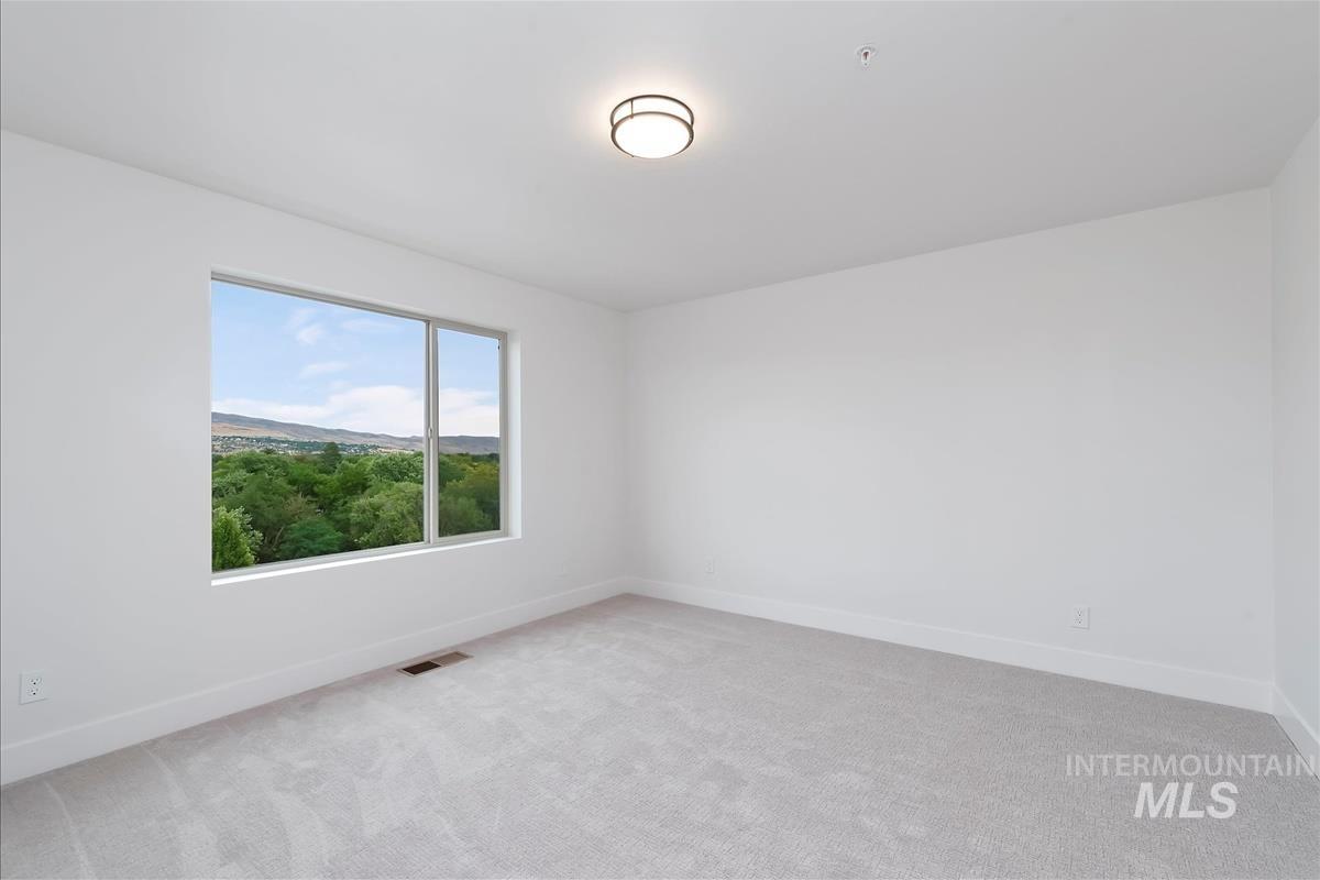 Empty room featuring light carpet and a mountain view