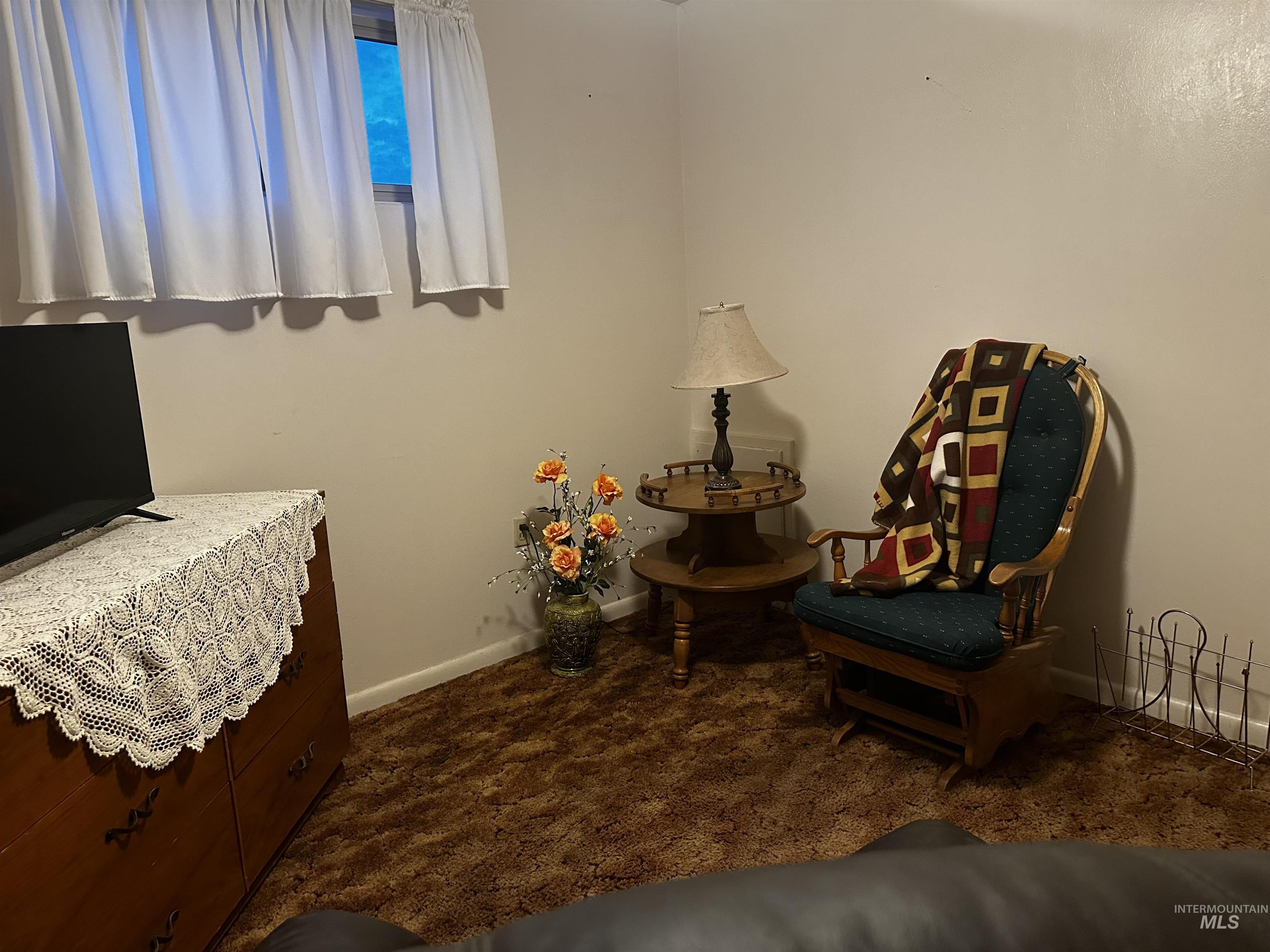 Living area with dark colored carpet and baseboards