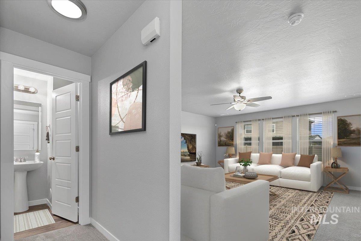 Living room featuring carpet flooring, a textured ceiling, a ceiling fan, and a textured wall