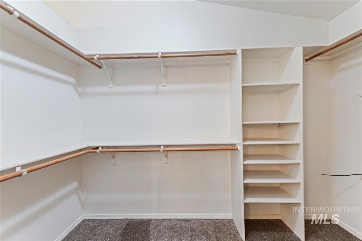 Spacious closet featuring dark colored carpet