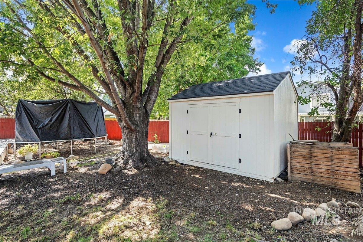 View of shed featuring a fenced backyard