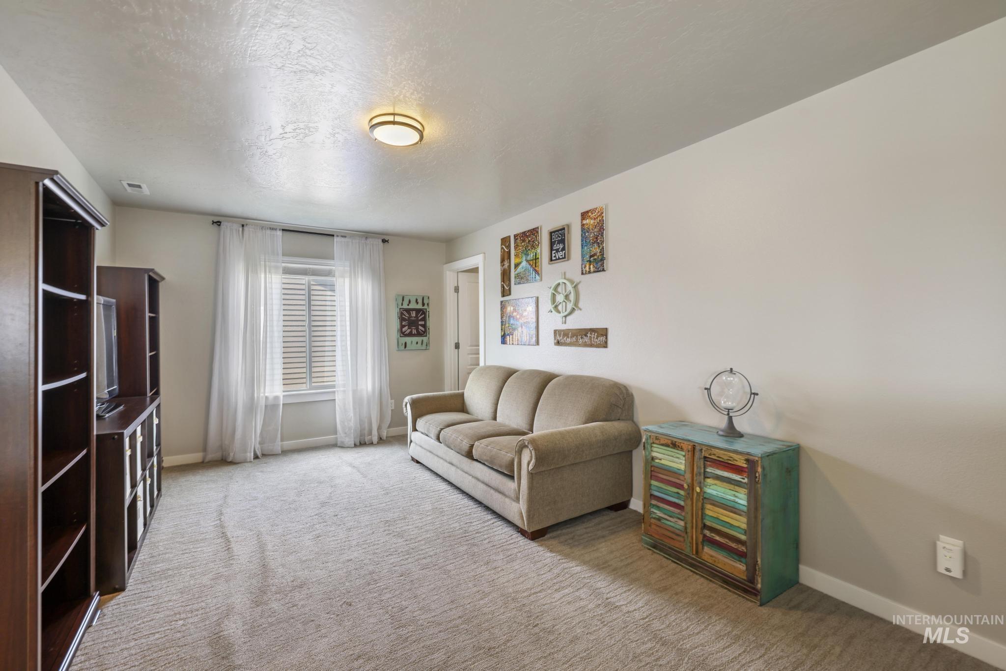 Living area featuring carpet flooring and a textured ceiling