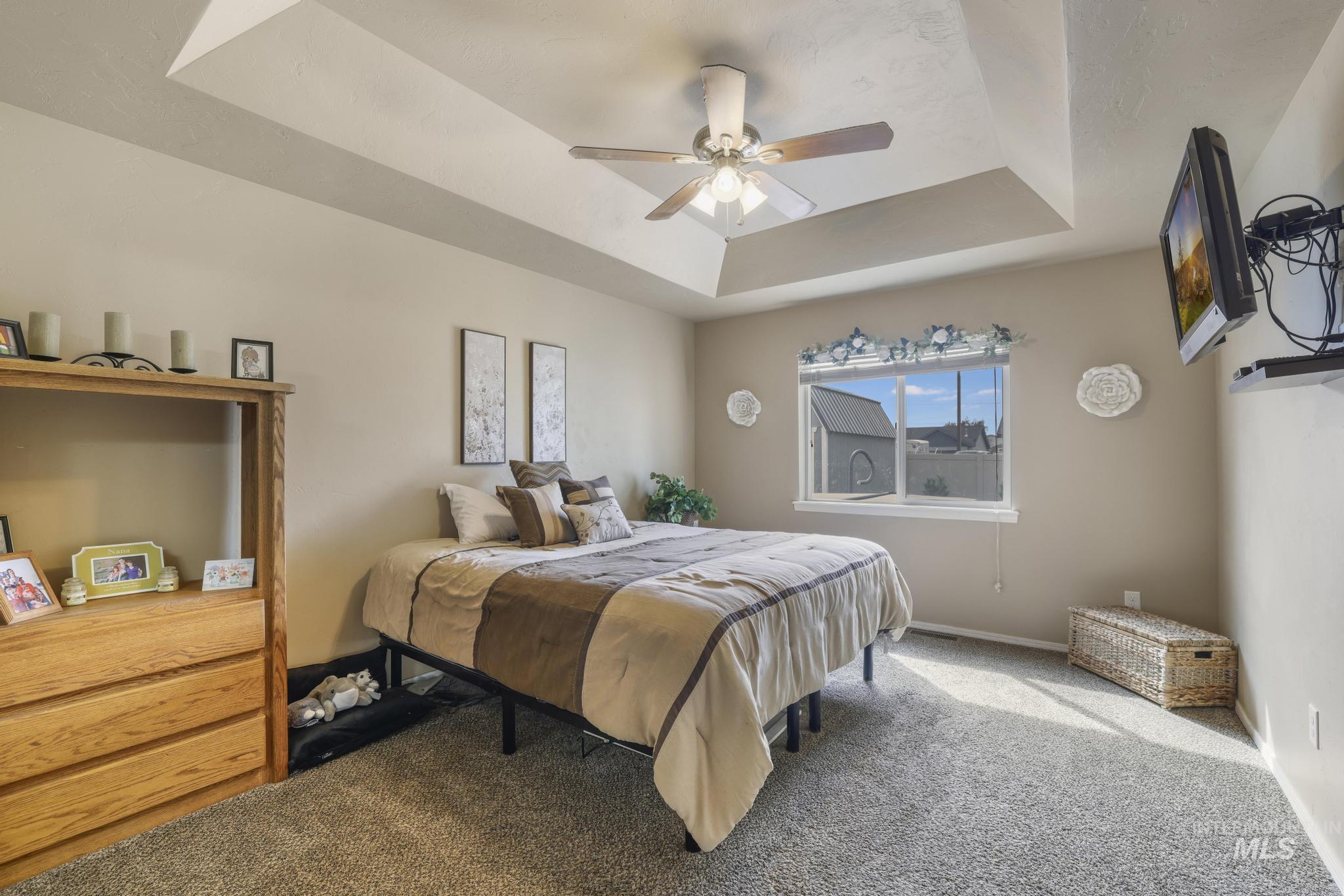 Carpeted bedroom featuring a raised ceiling and a ceiling fan