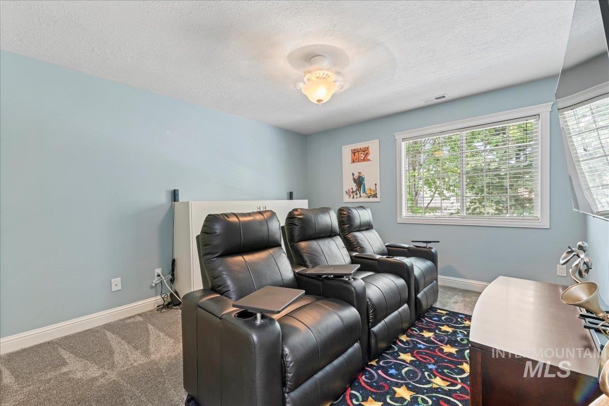 Carpeted cinema with baseboards and a textured ceiling
