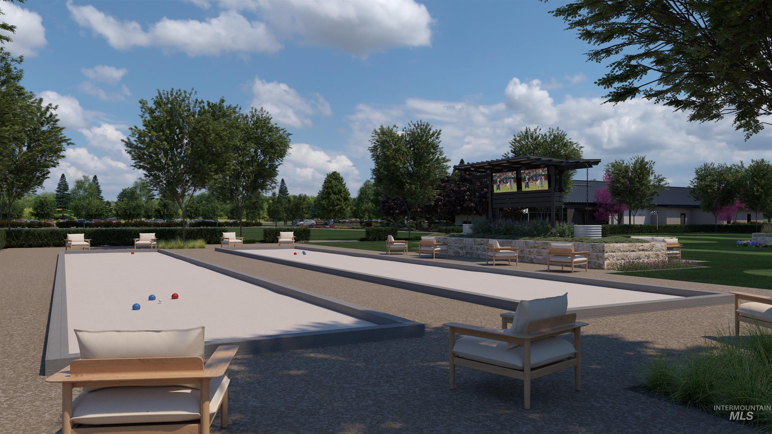 View of property's community with a patio area, a game area, and a pergola