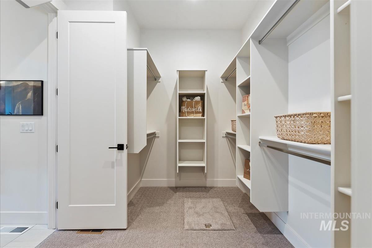 Walk in closet featuring light colored carpet