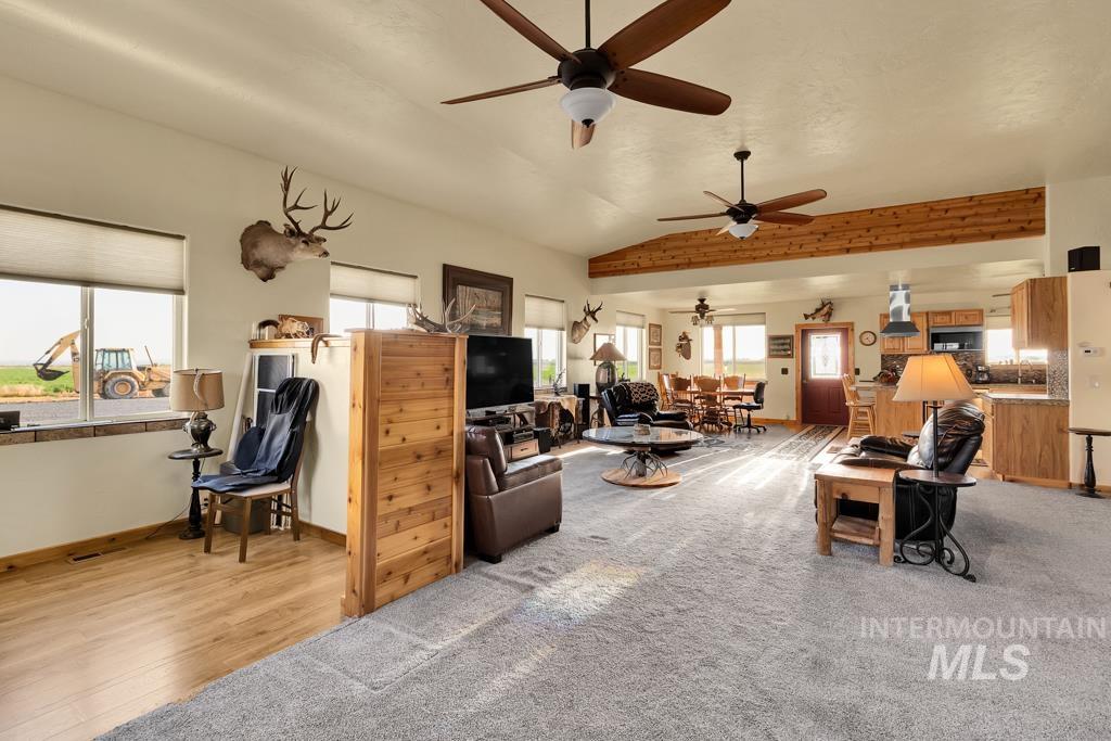 Carpeted living room with healthy amount of natural light, vaulted ceiling, ceiling fan, and wood finished floors