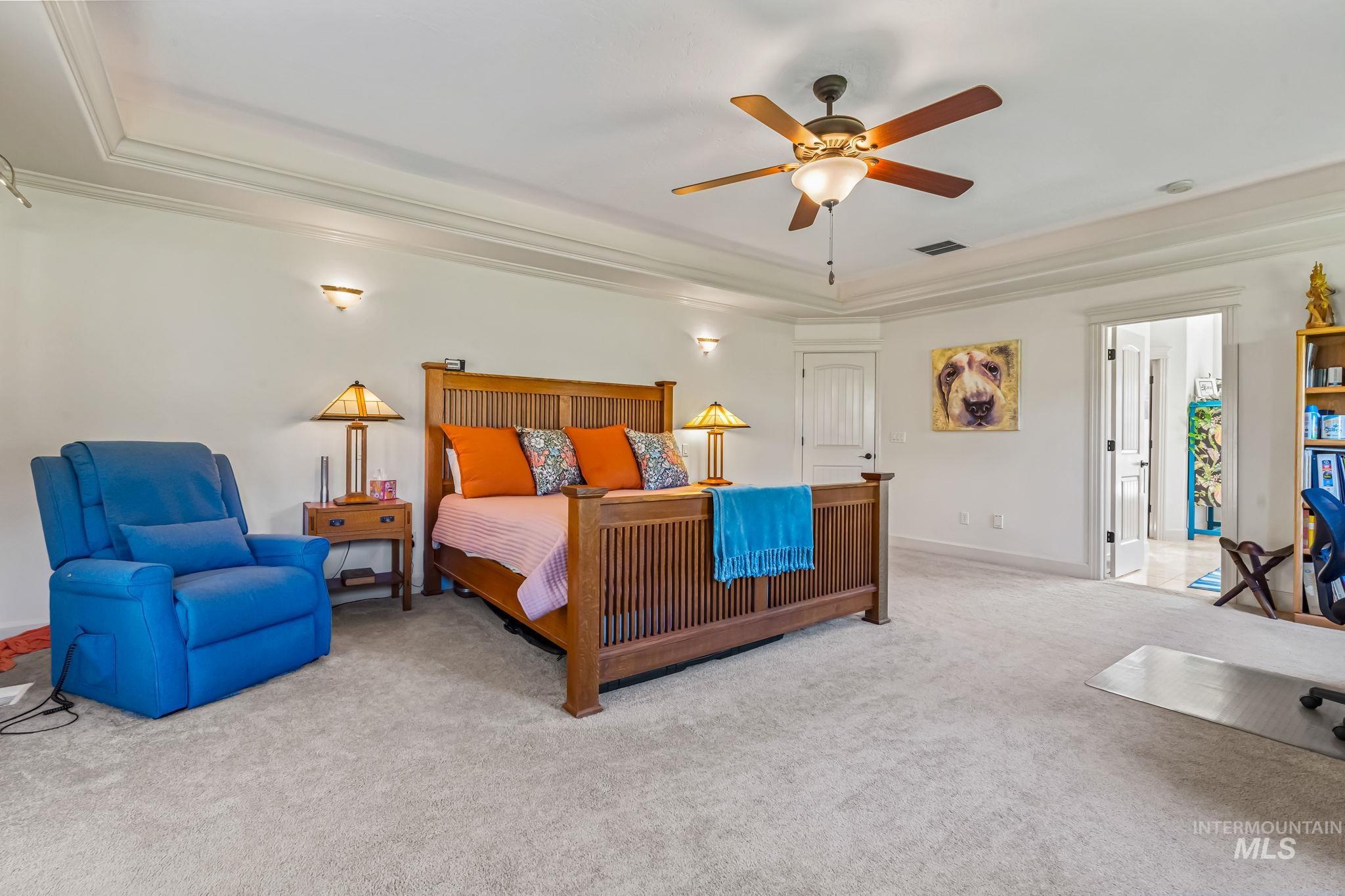 Bedroom with a raised ceiling, ornamental molding, carpet floors, and ceiling fan