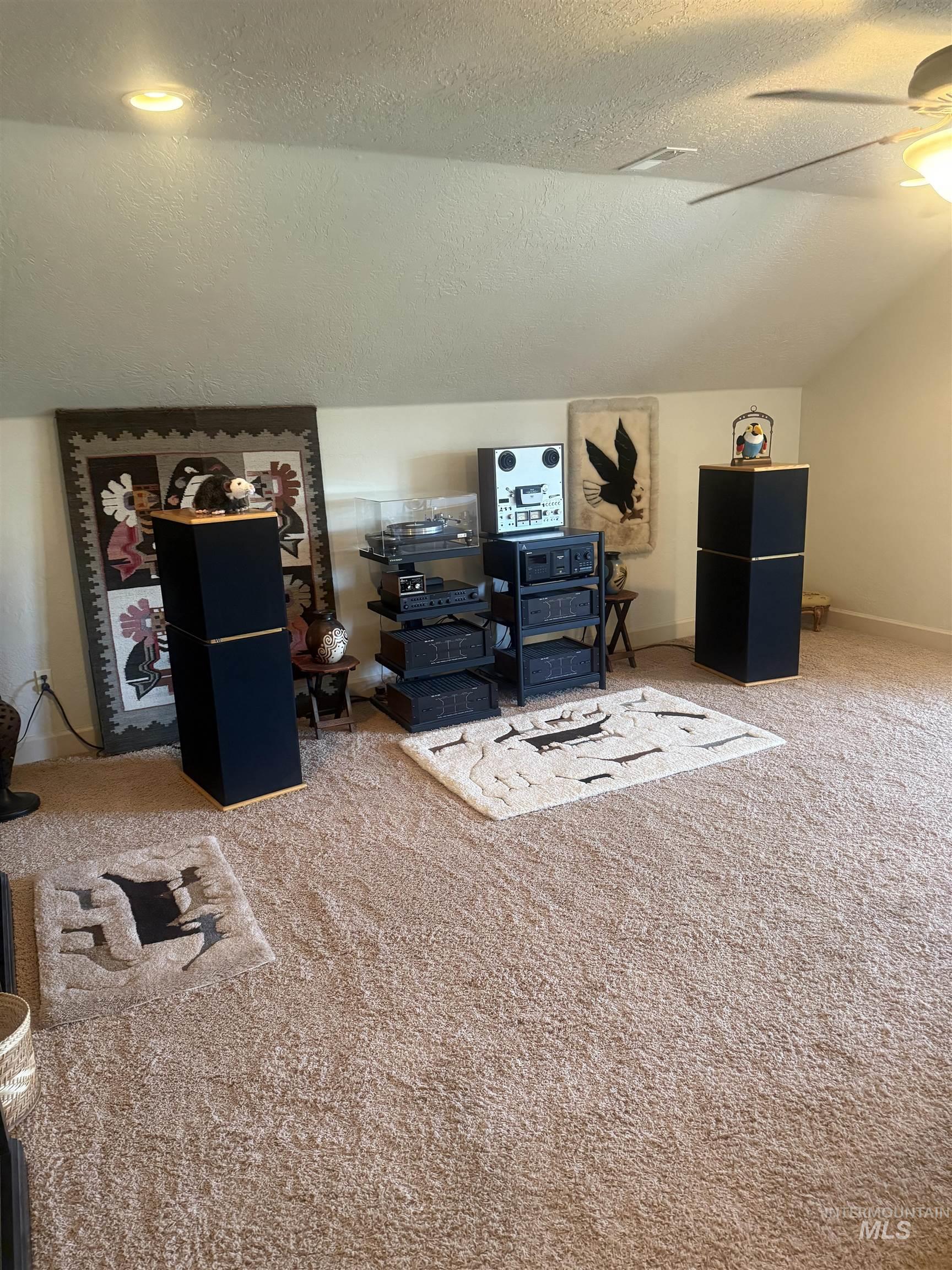 Living area with a textured ceiling, carpet flooring, and a ceiling fan