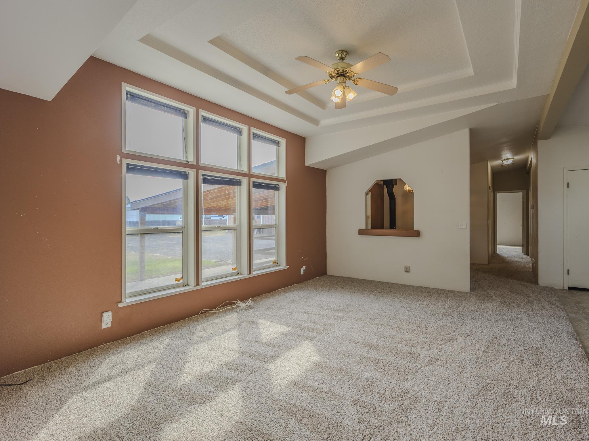 Unfurnished living room featuring a tray ceiling, carpet flooring, and ceiling fan