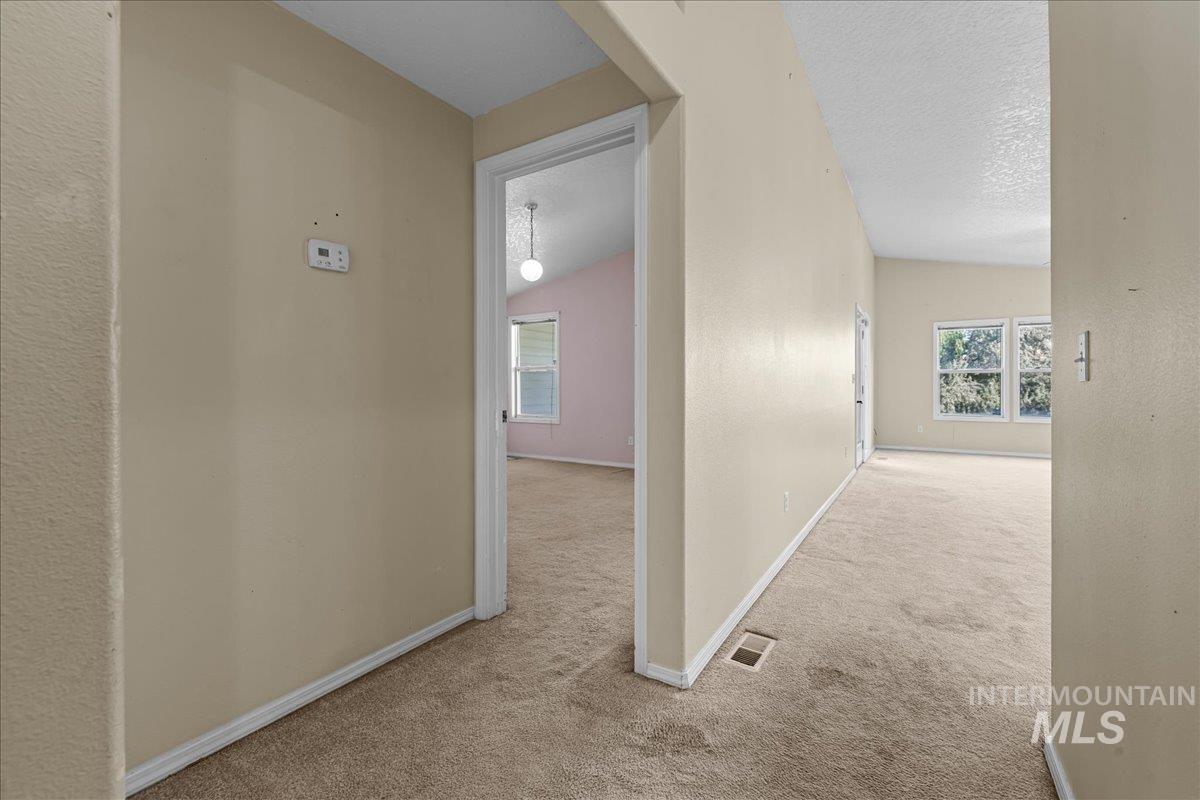 Hall featuring light colored carpet, plenty of natural light, a textured ceiling, and lofted ceiling