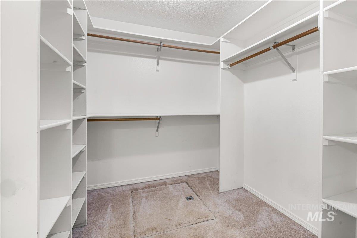 Walk in closet with light colored carpet