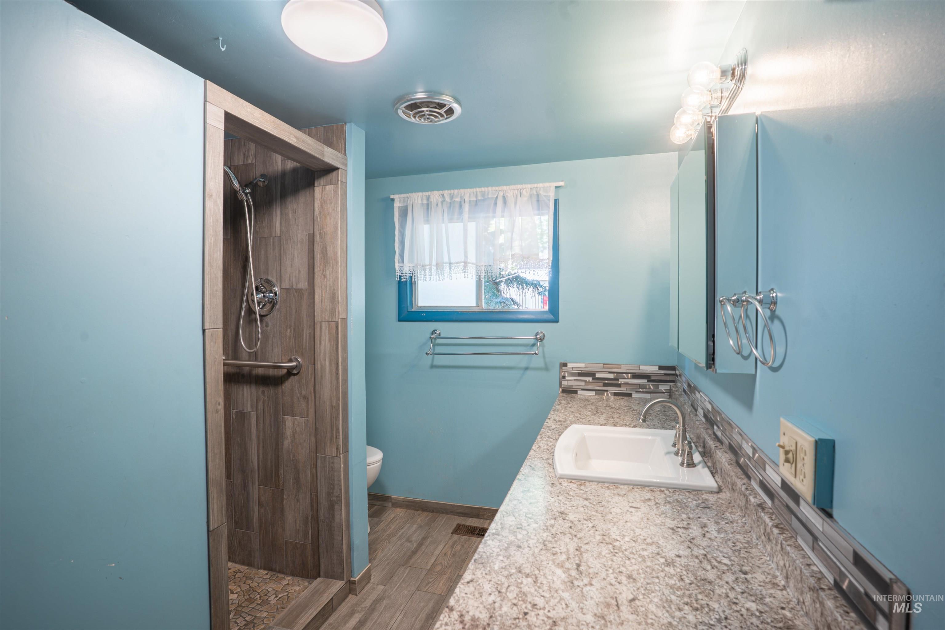 Full bath featuring a shower stall, vanity, dark wood-style floors, and decorative backsplash