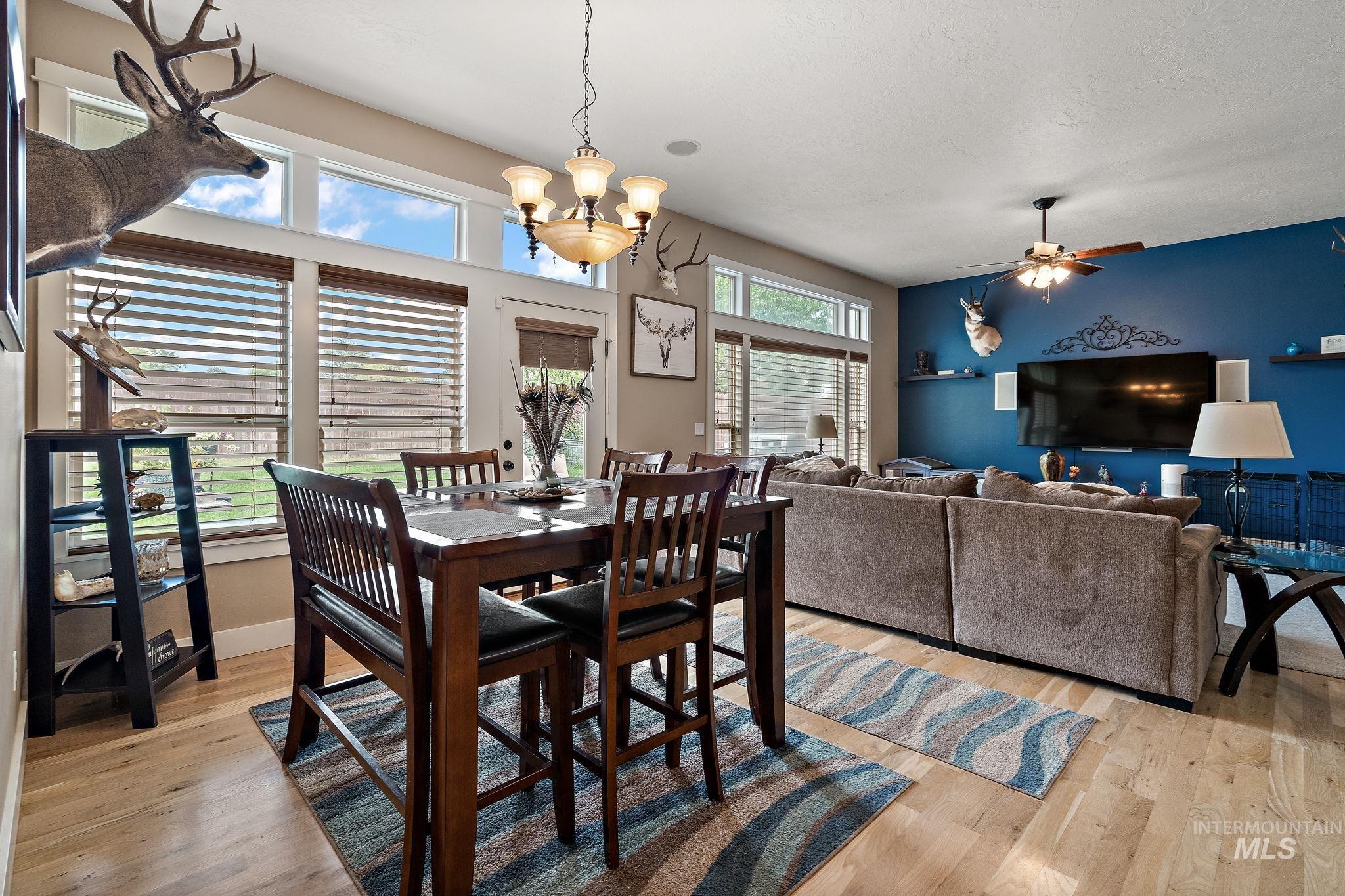 Dining space featuring light wood-style flooring, healthy amount of natural light, a chandelier, ceiling fan, and a textured ceiling