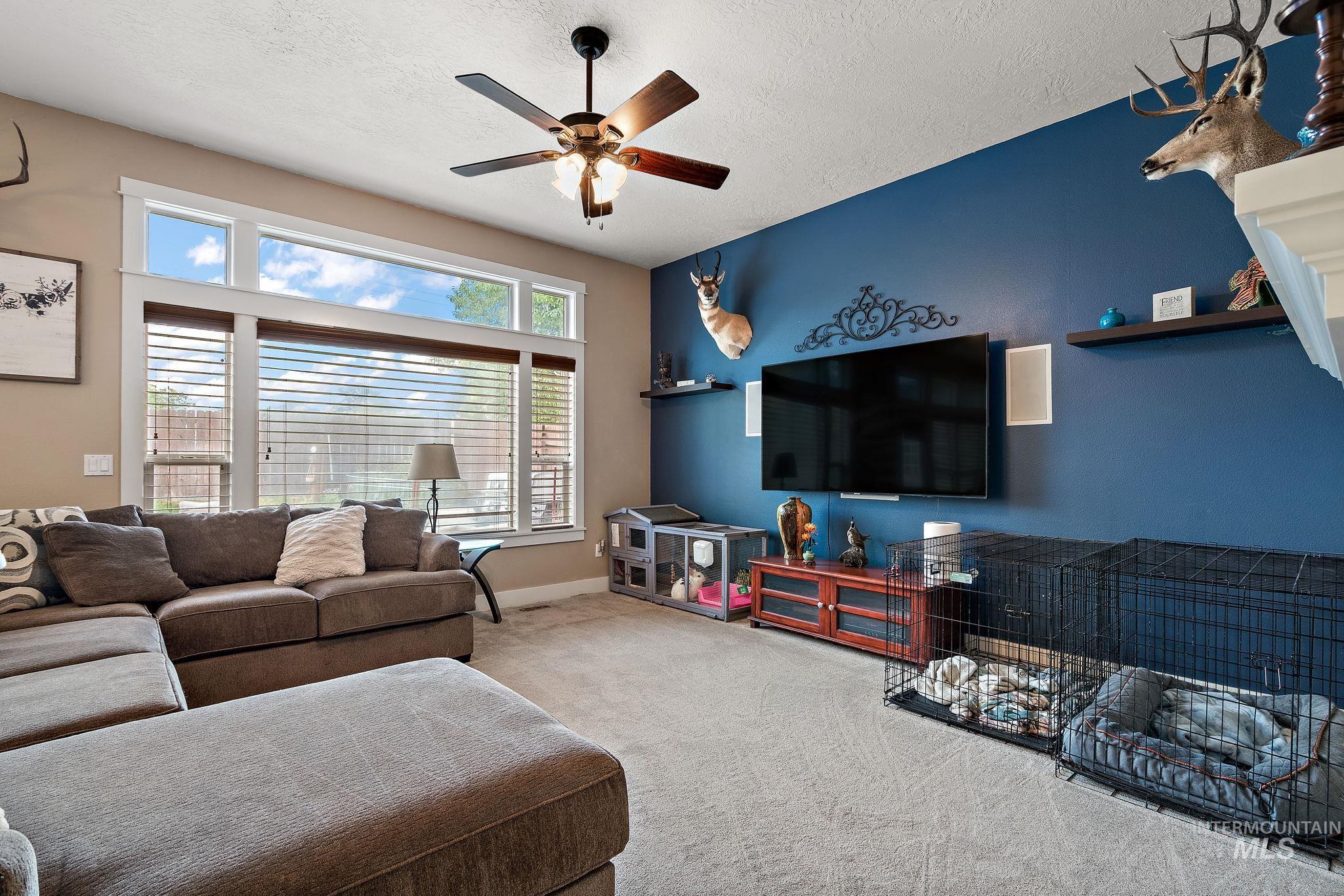 Carpeted living room with a textured ceiling and ceiling fan