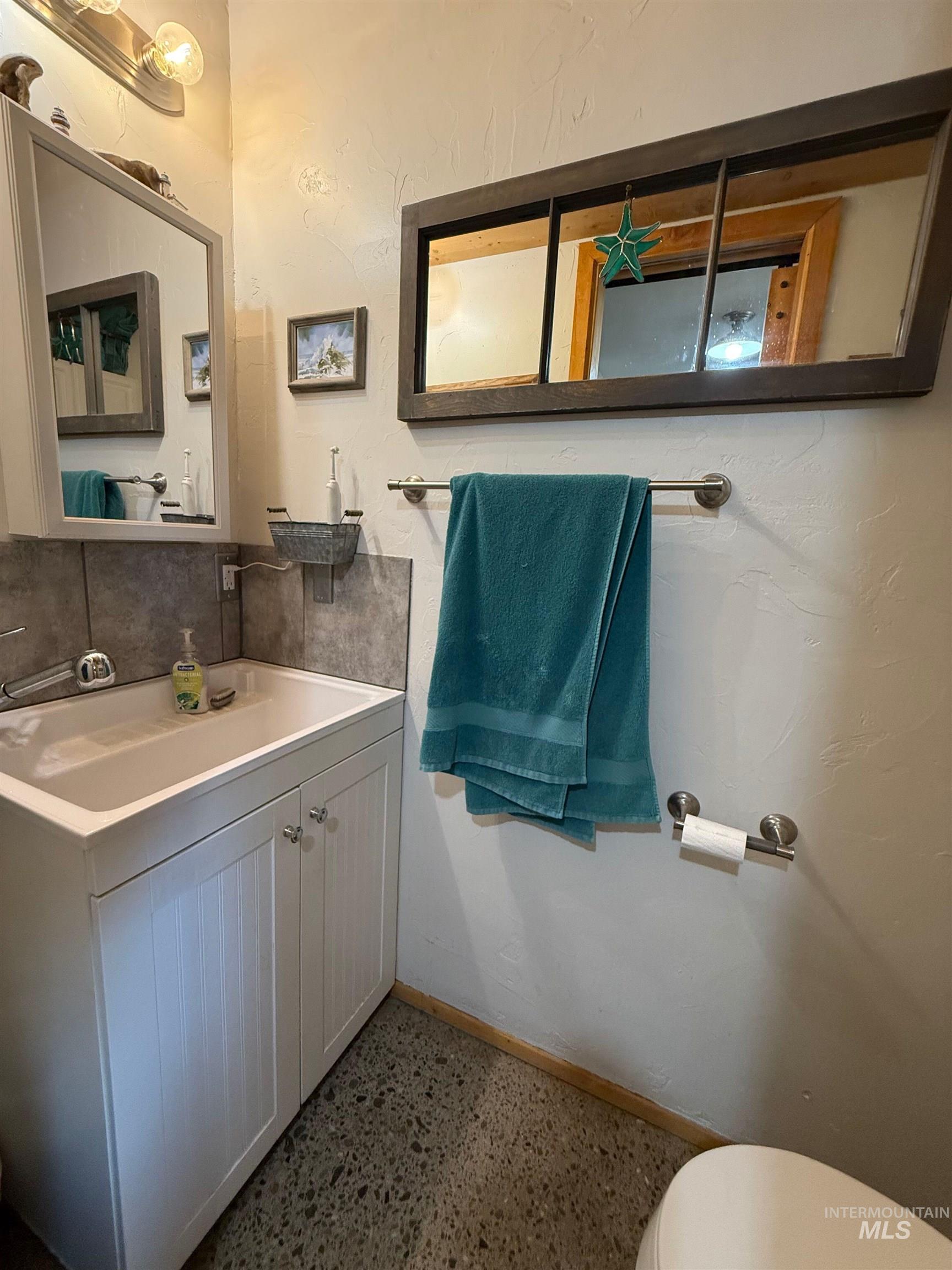 Bathroom featuring vanity and dark aggregate flooring