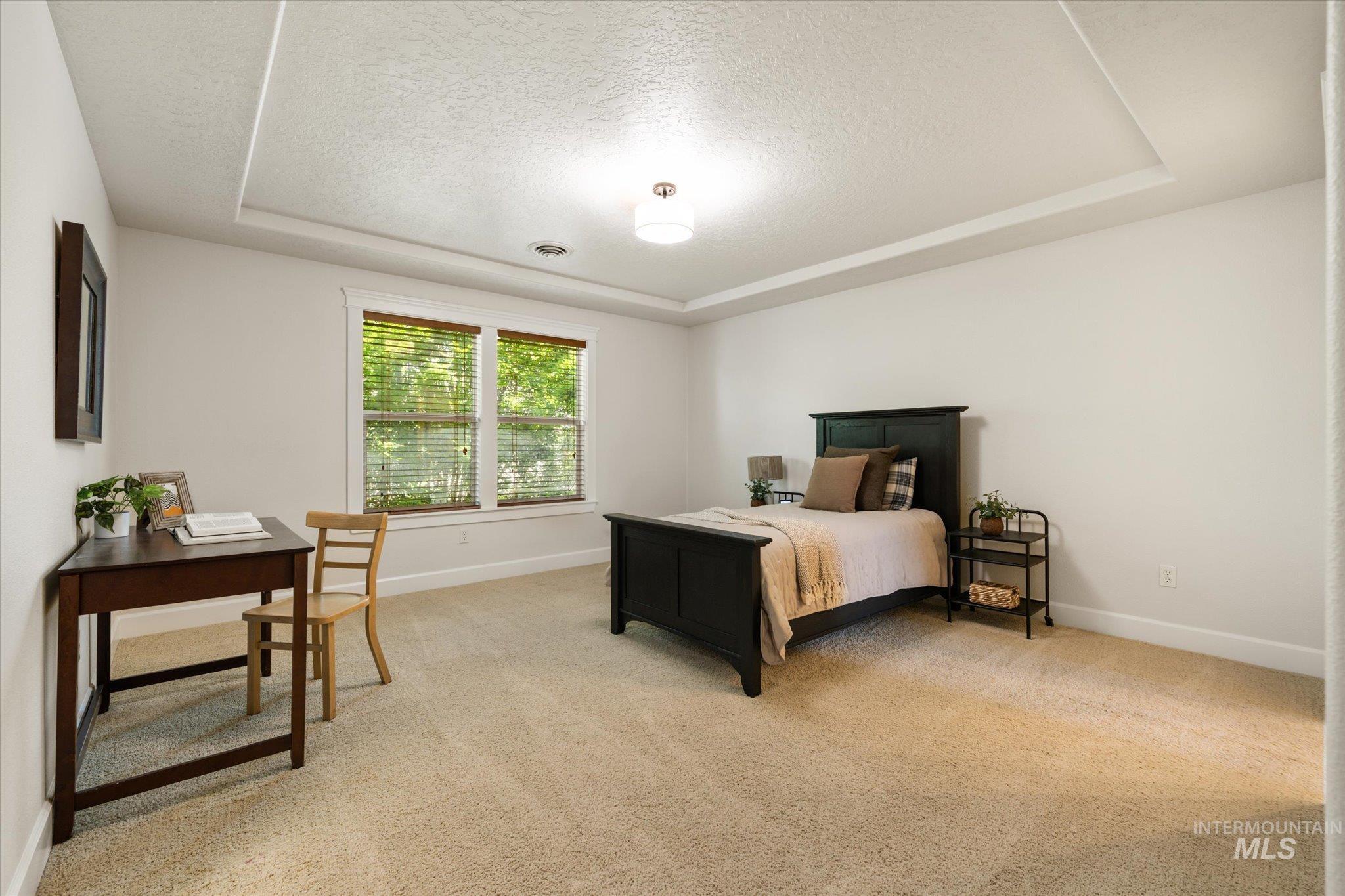 Bedroom featuring a raised ceiling, light colored carpet, a textured ceiling, and a desk