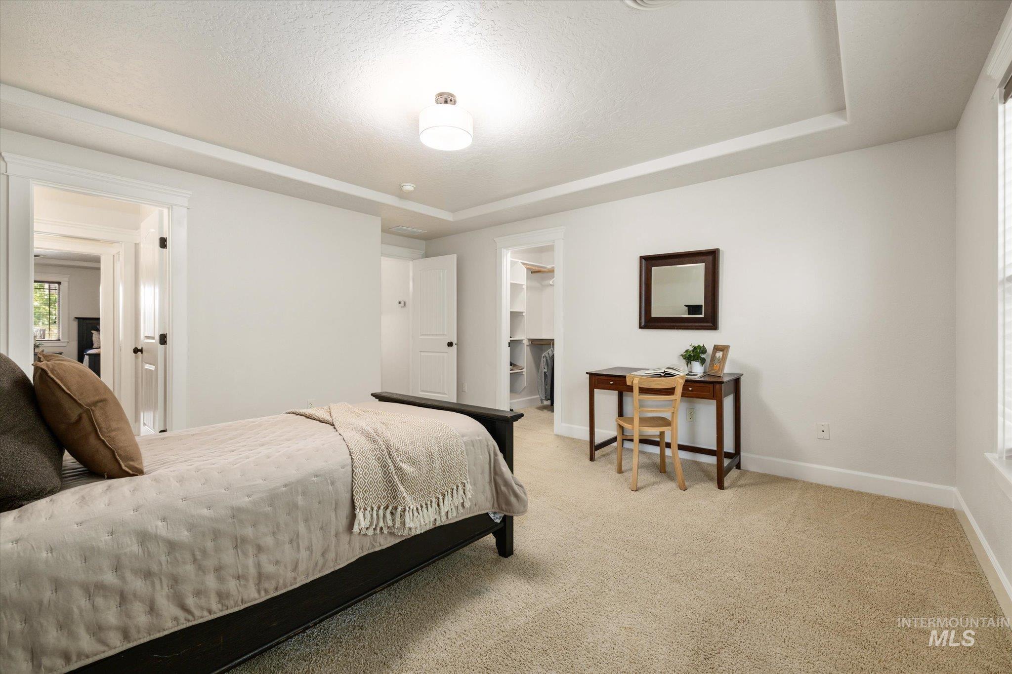 Bedroom with light carpet, a textured ceiling, a spacious closet, and a raised ceiling