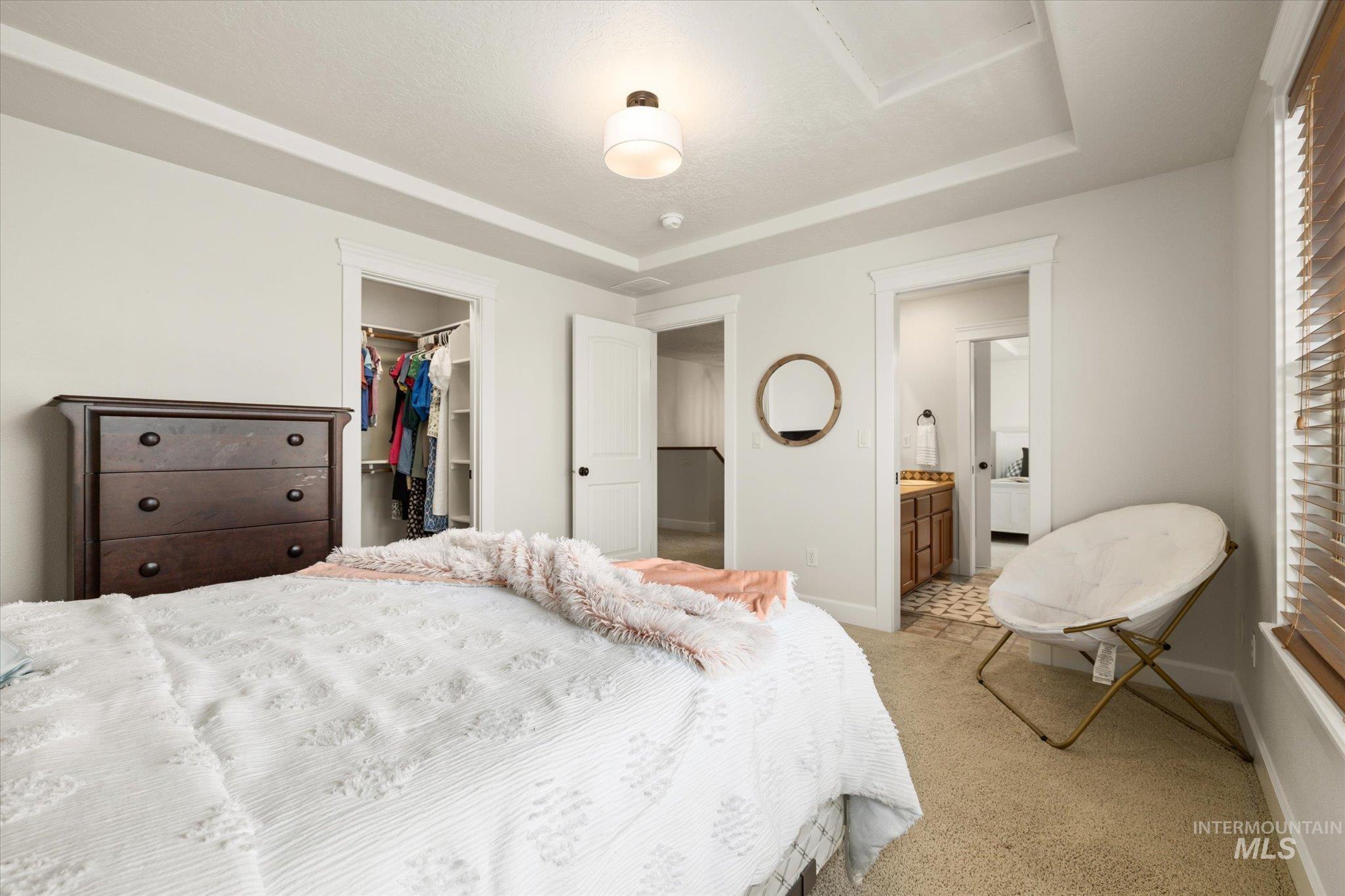 Carpeted bedroom featuring a spacious closet, a raised ceiling, and connected bathroom