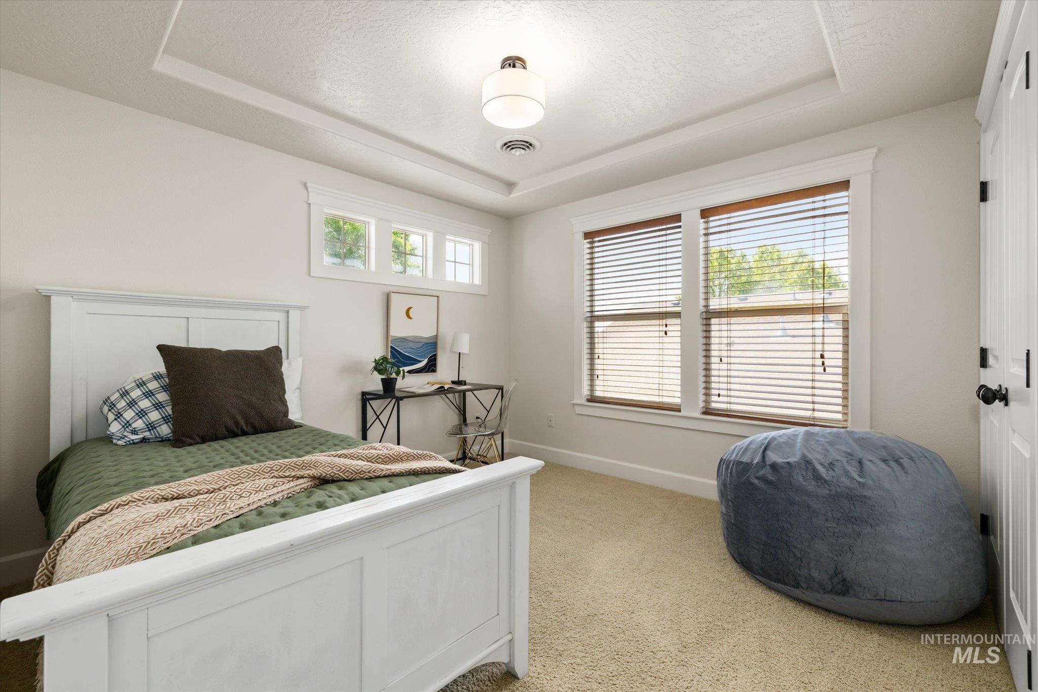Bedroom with a raised ceiling, light colored carpet, and a textured ceiling