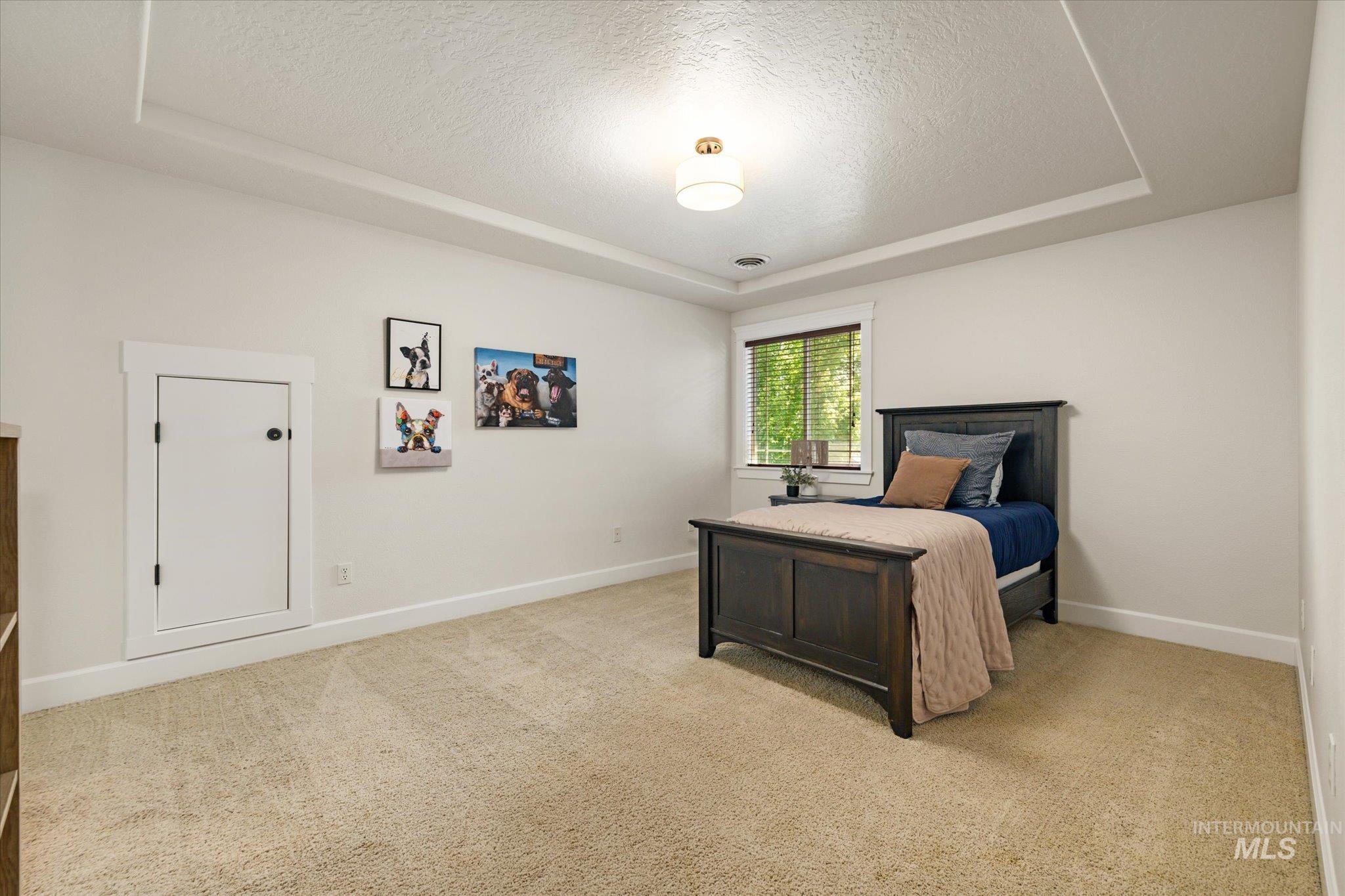 Bedroom with a raised ceiling, light colored carpet, and a textured ceiling