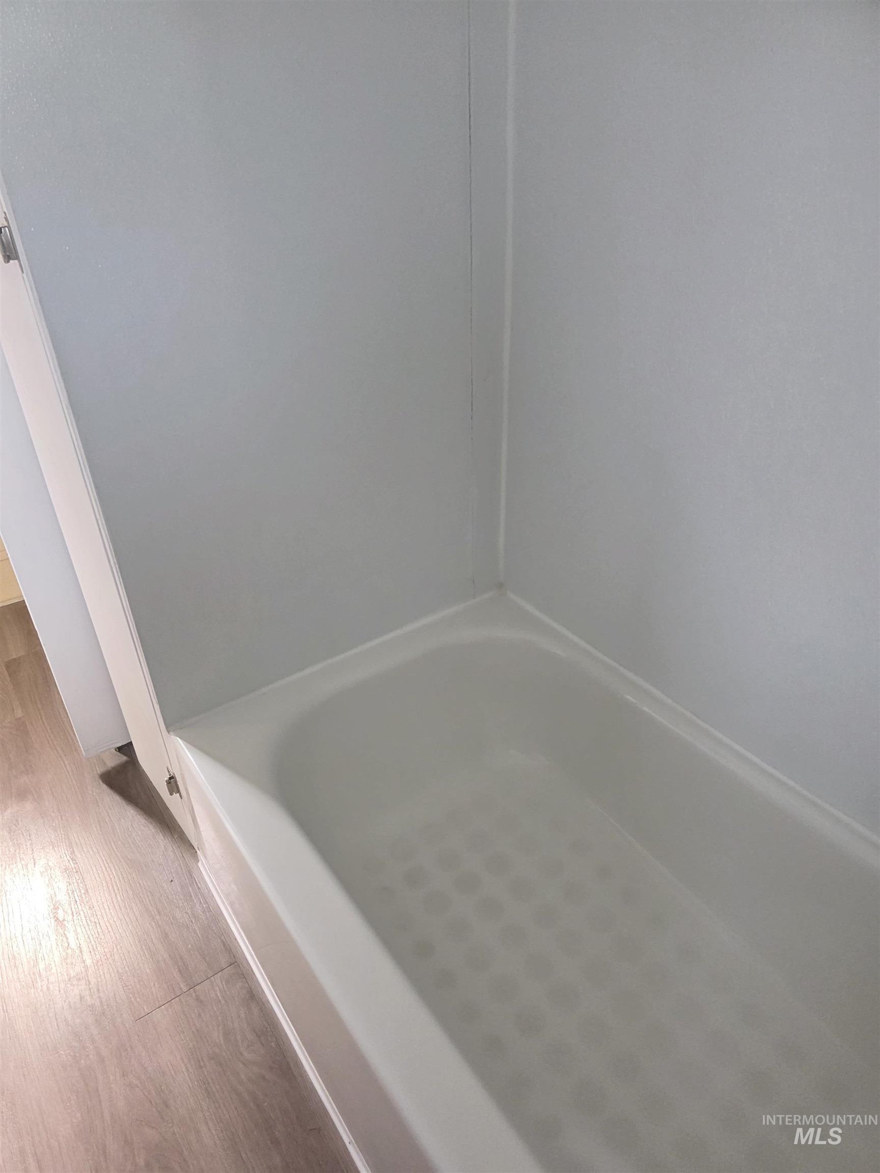 Full bathroom with a bath and light wood-style floors