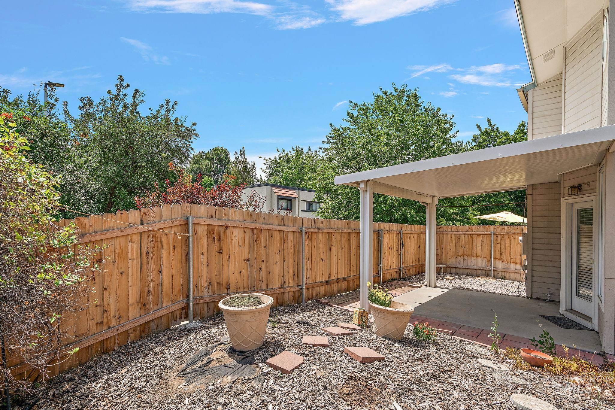 Fenced backyard featuring a patio