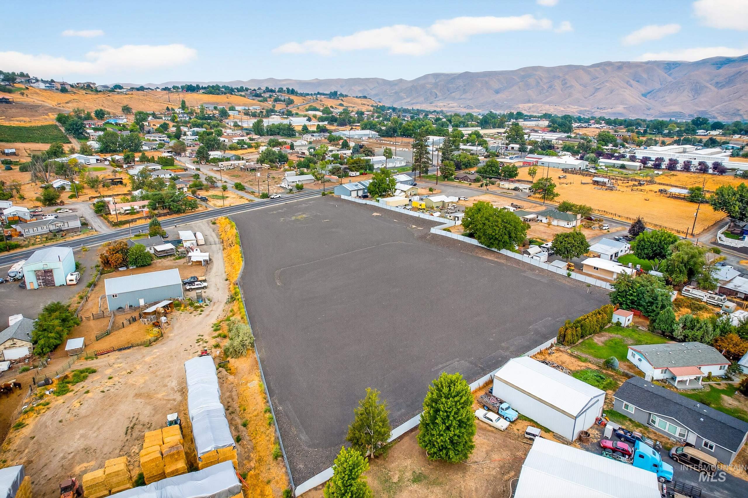 Aerial perspective of suburban area featuring mountains