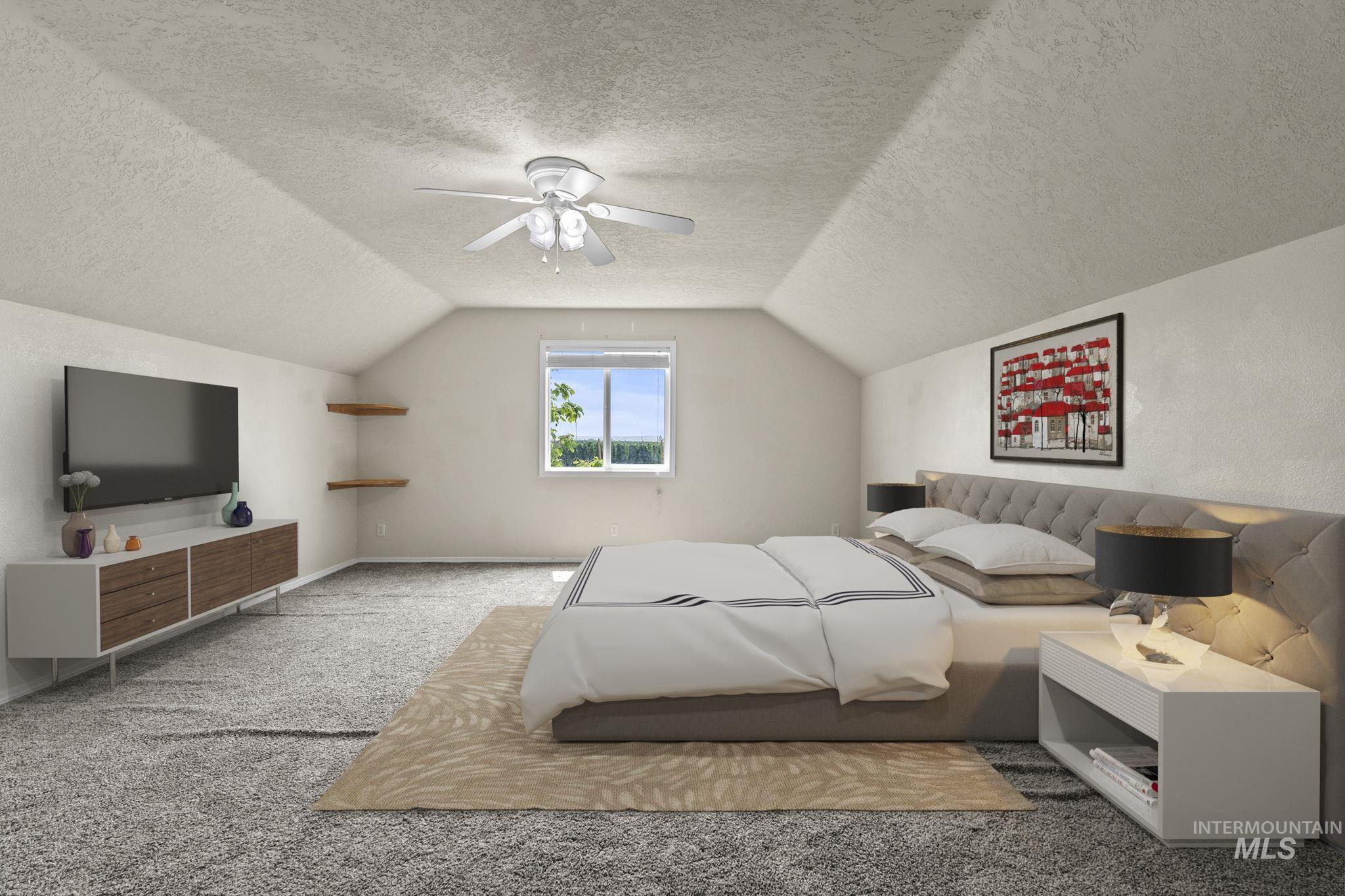 Bedroom with lofted ceiling, a textured ceiling, carpet floors, and a ceiling fan