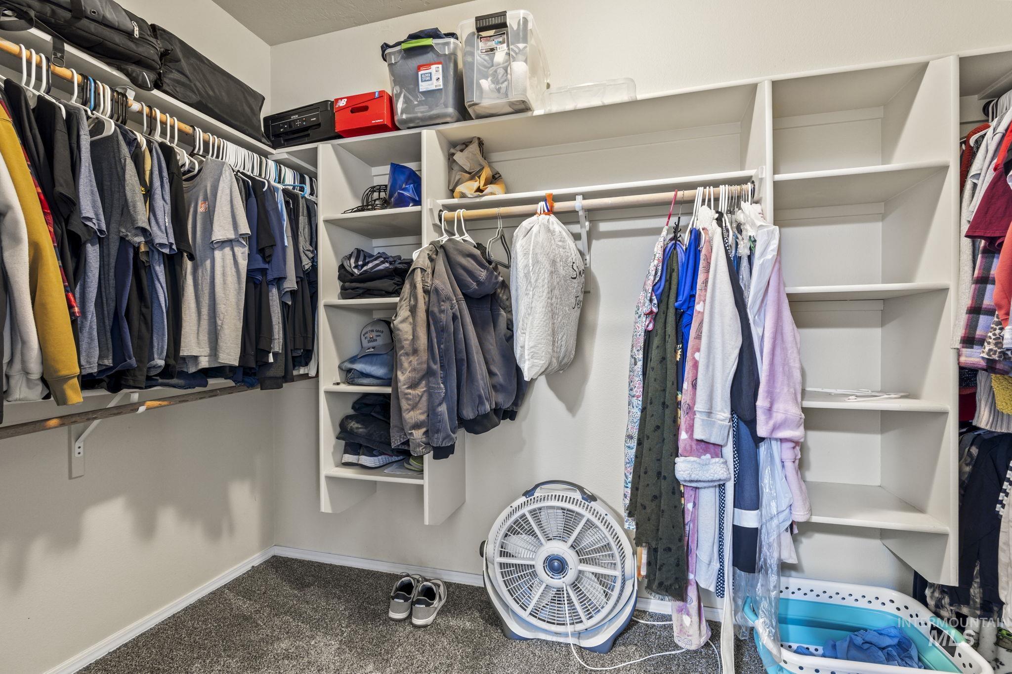 Walk in closet with dark colored carpet