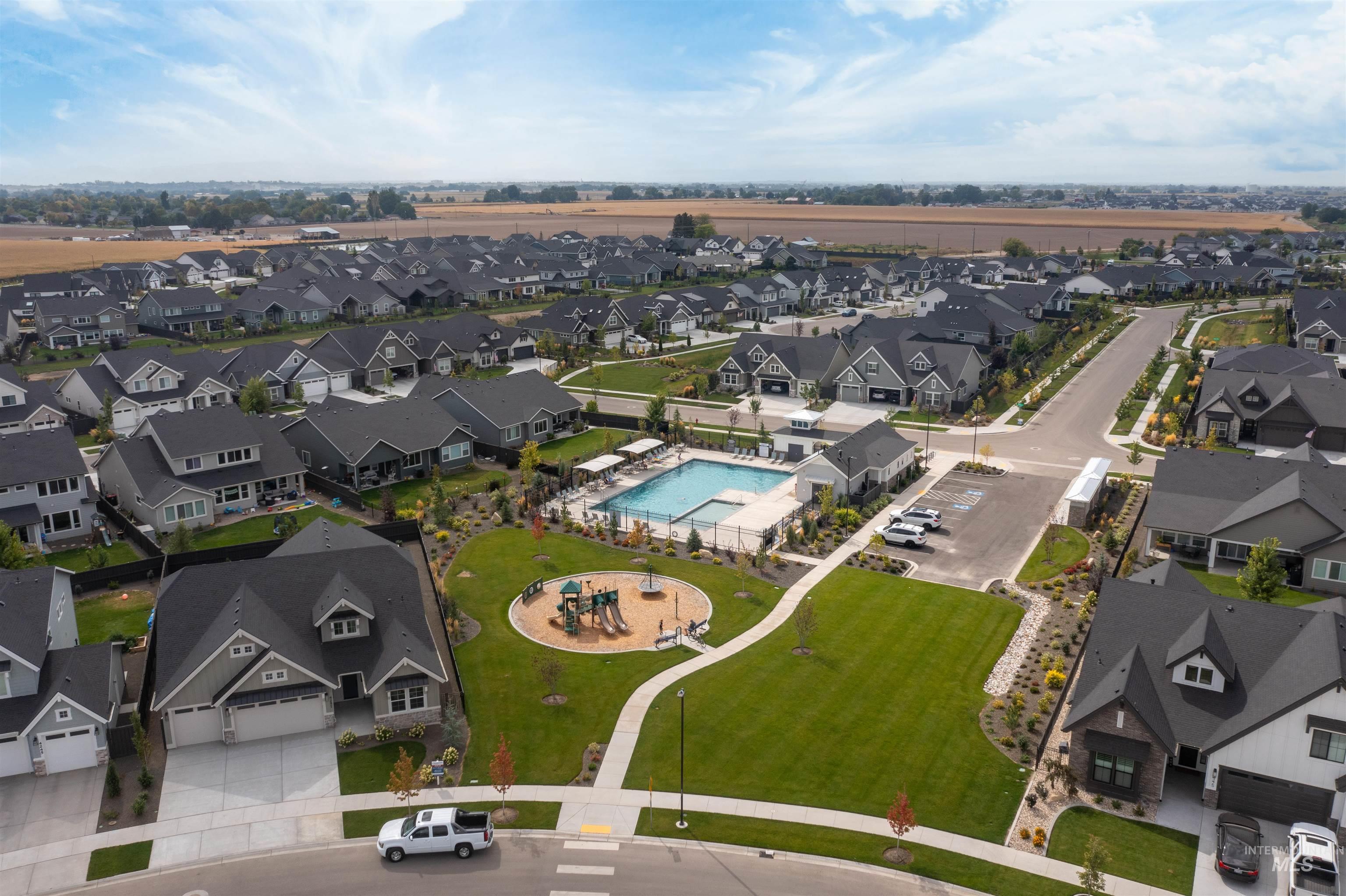 Aerial view of residential area with a pool area