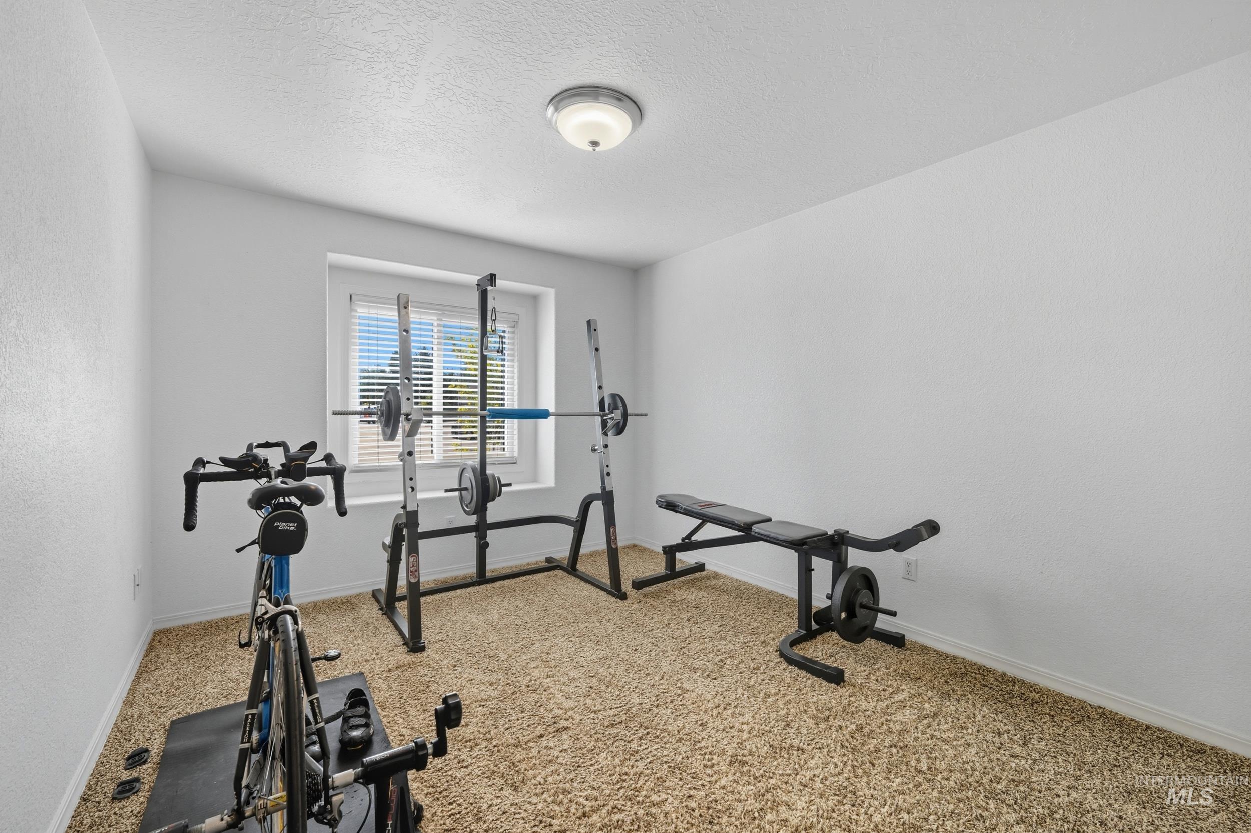 Workout area with a textured ceiling and carpet flooring