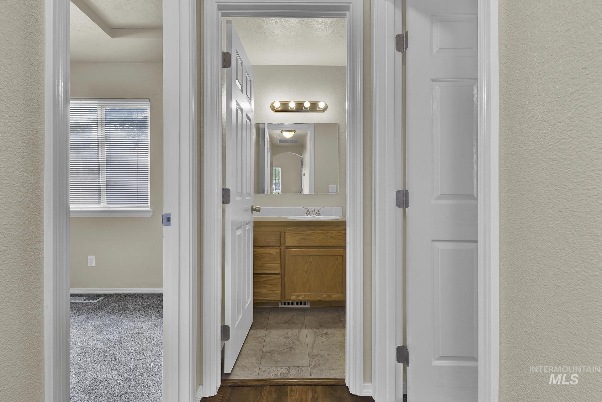 Bathroom featuring vanity and dark wood-style floors