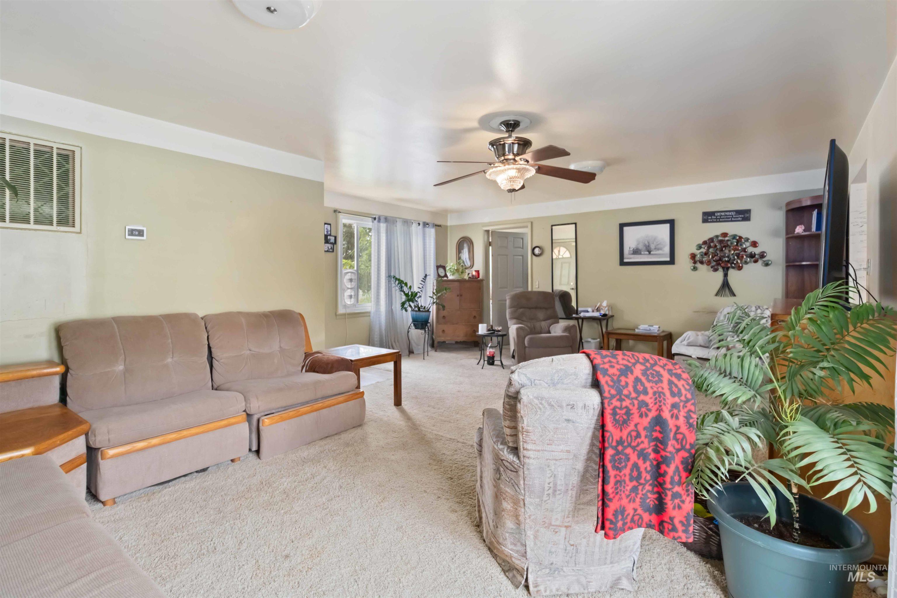 Living area featuring carpet floors and a ceiling fan
