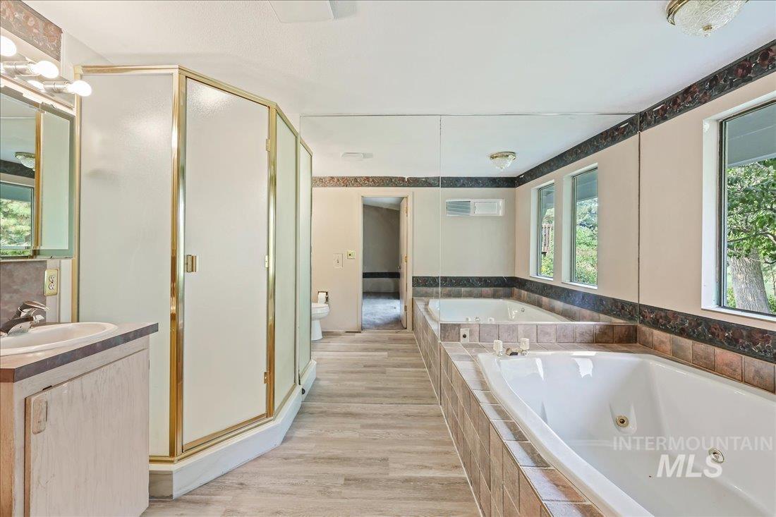 Bathroom featuring vanity, a whirlpool tub, a stall shower, and light wood-type flooring
