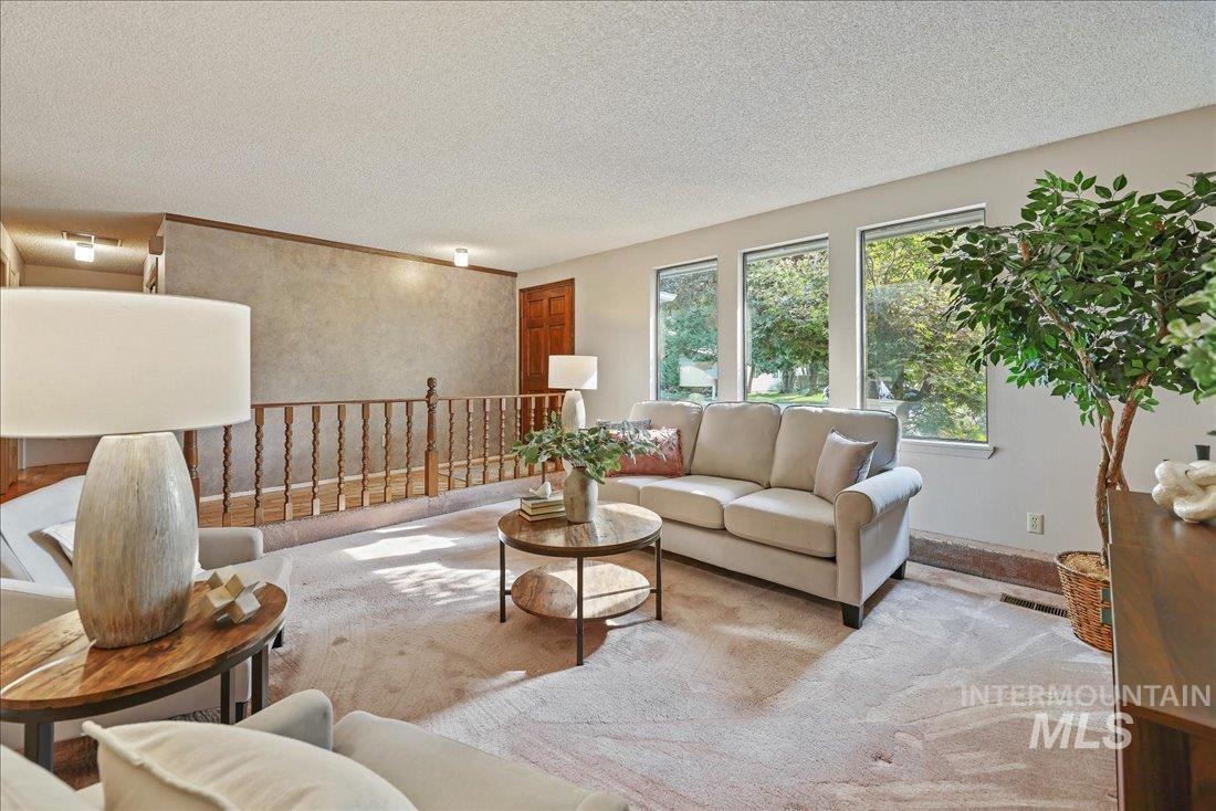 Carpeted living room featuring a textured ceiling
