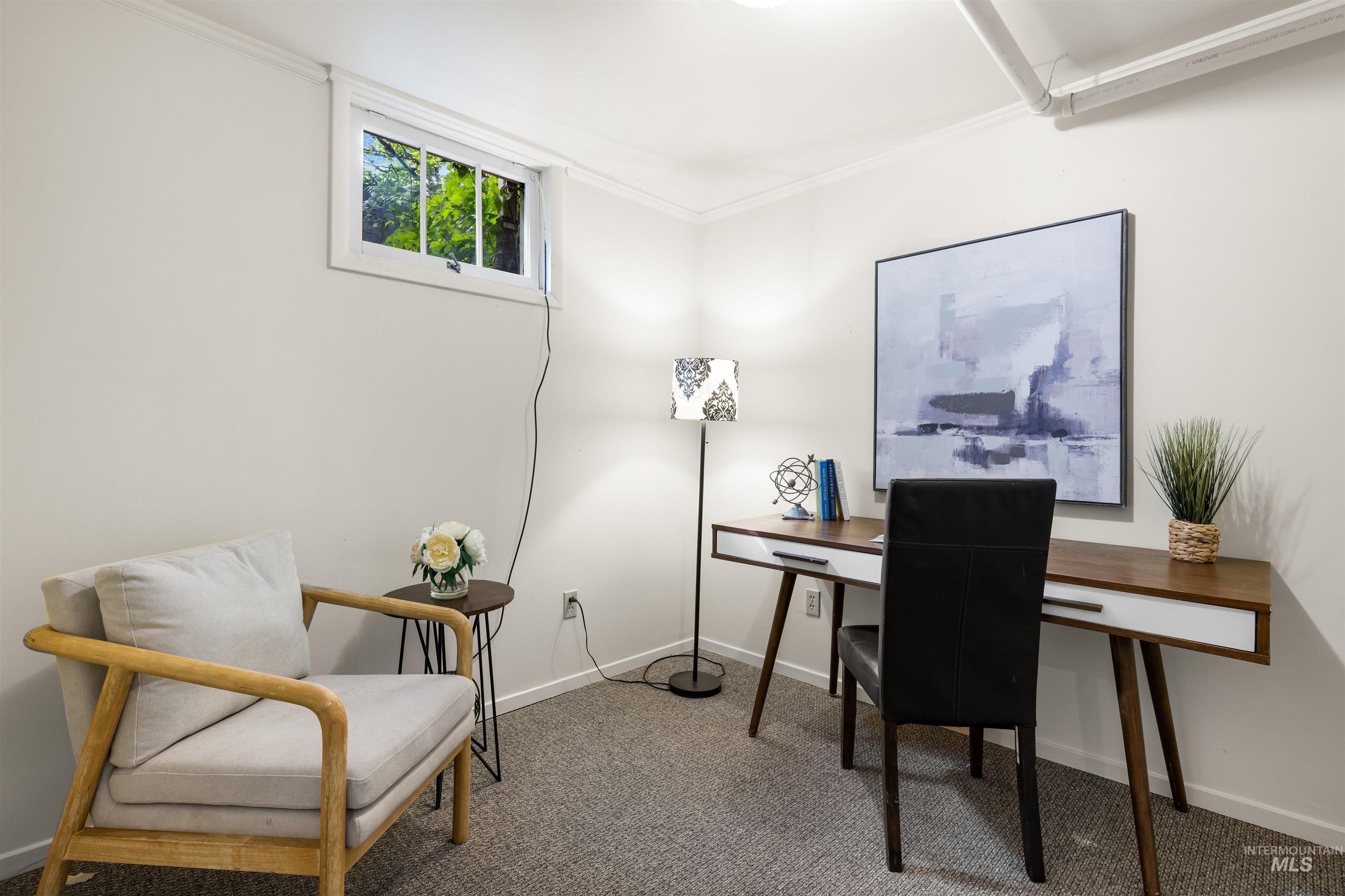 Office space featuring carpet flooring and crown molding