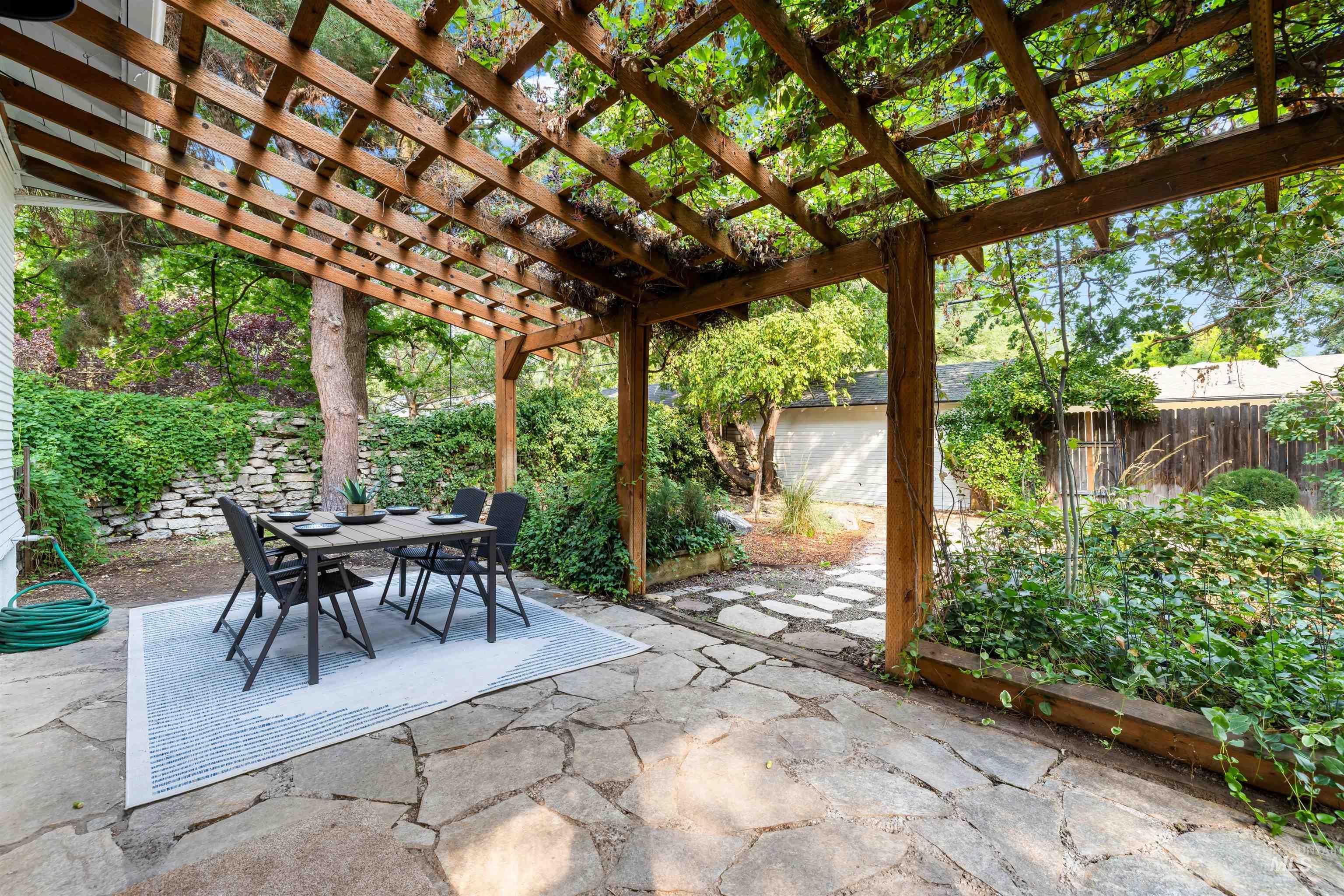 Fenced backyard with a pergola, outdoor dining area, a patio area, and an outdoor structure