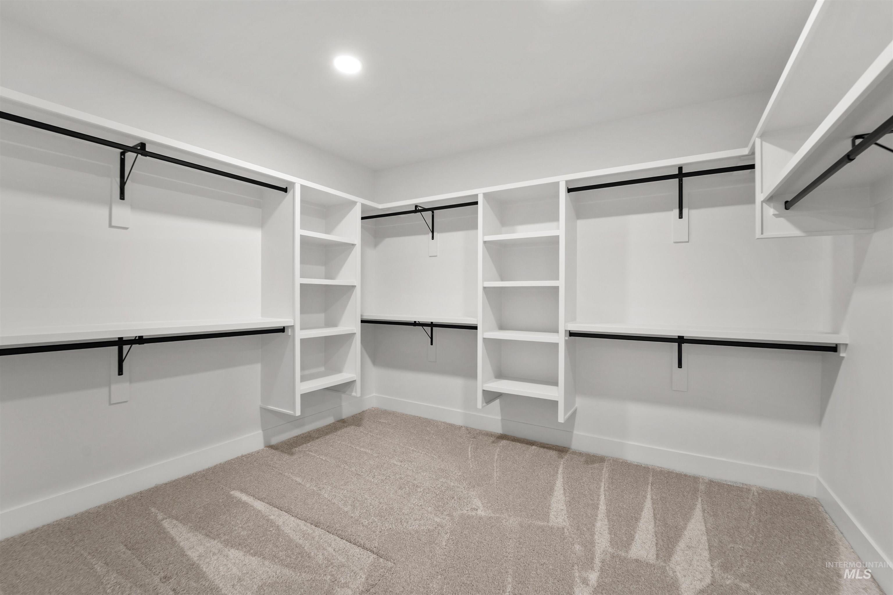 Spacious closet with light carpet