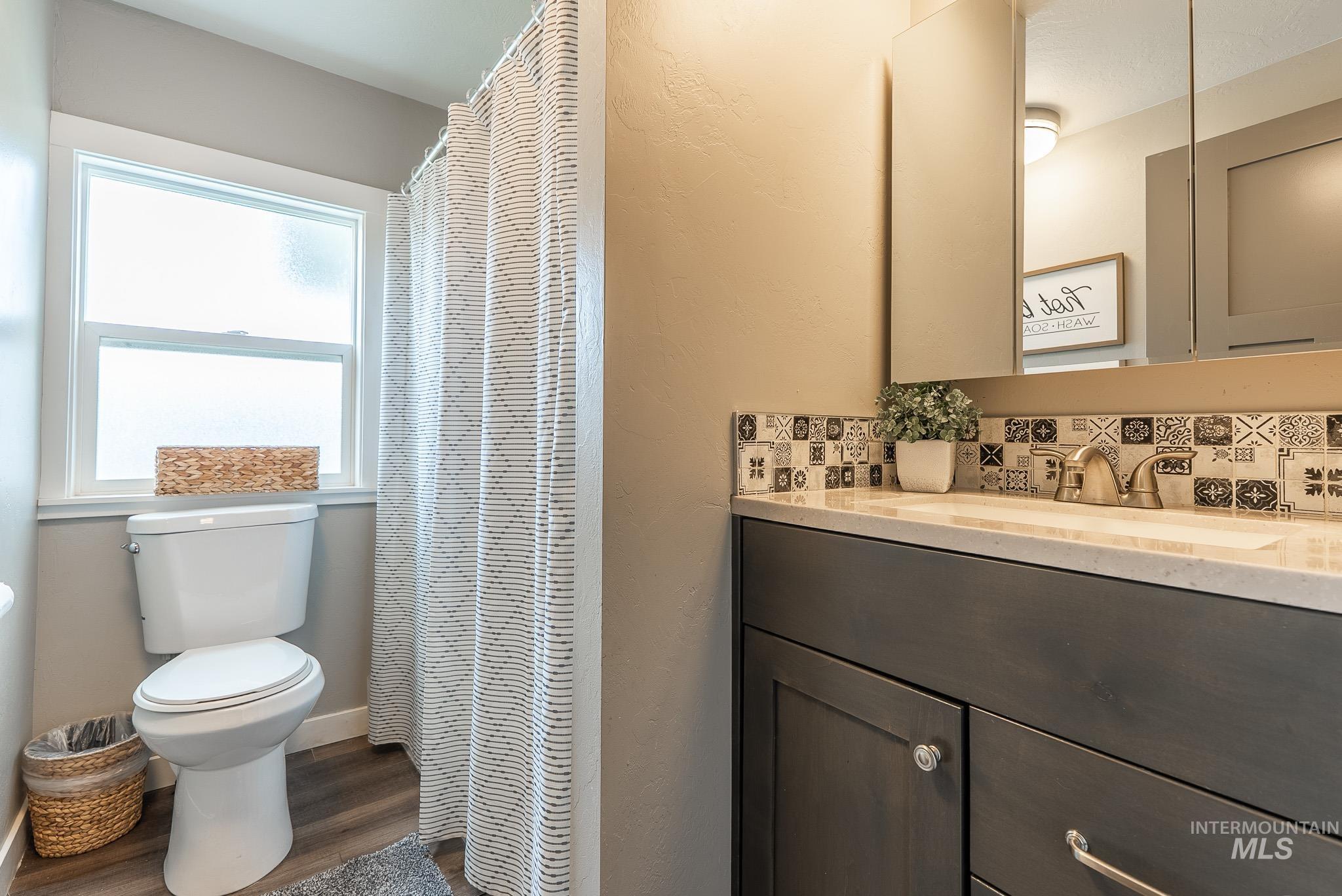Bathroom featuring vanity, tasteful backsplash, dark wood-style floors, and a shower with shower curtain