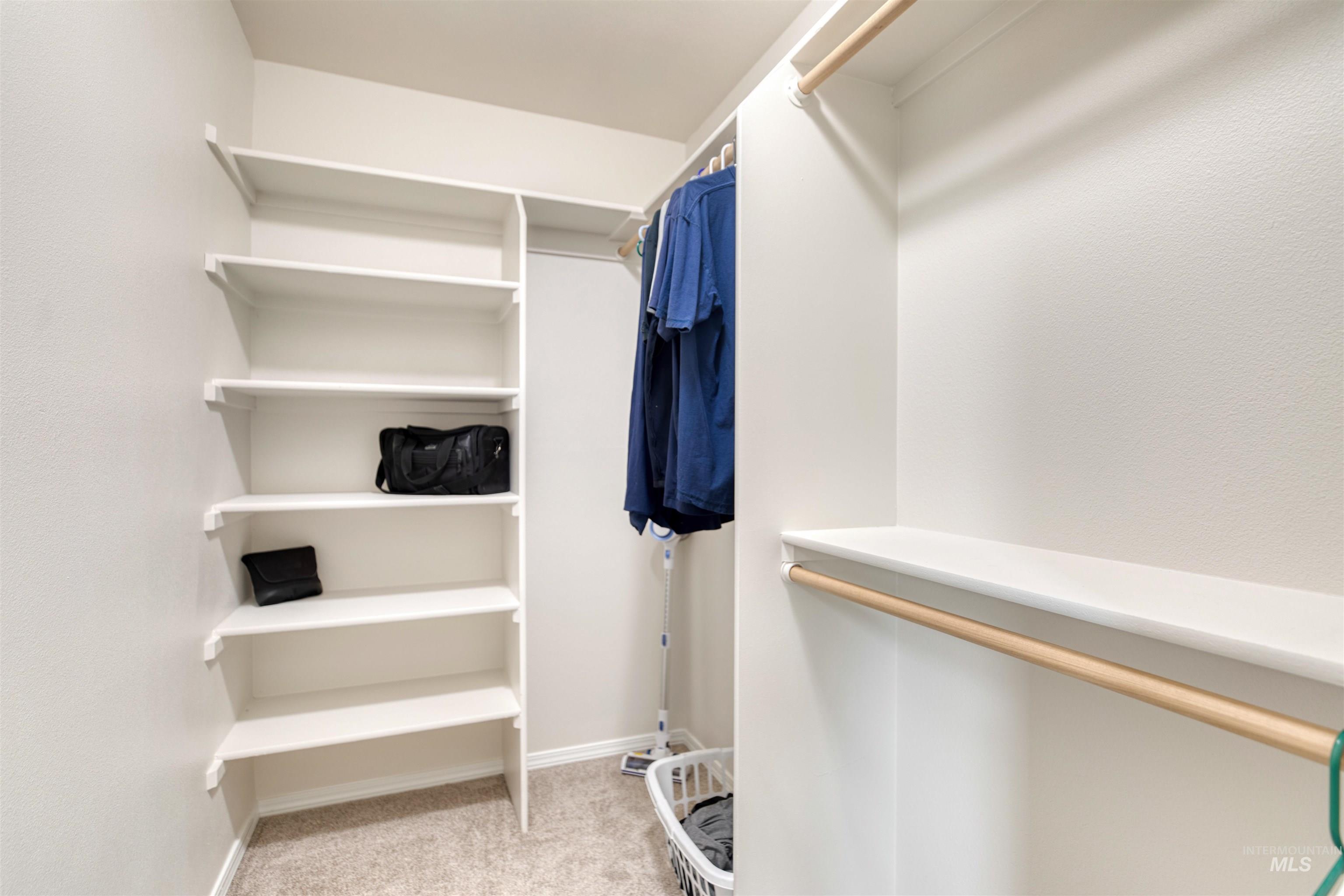 Walk in closet featuring light carpet