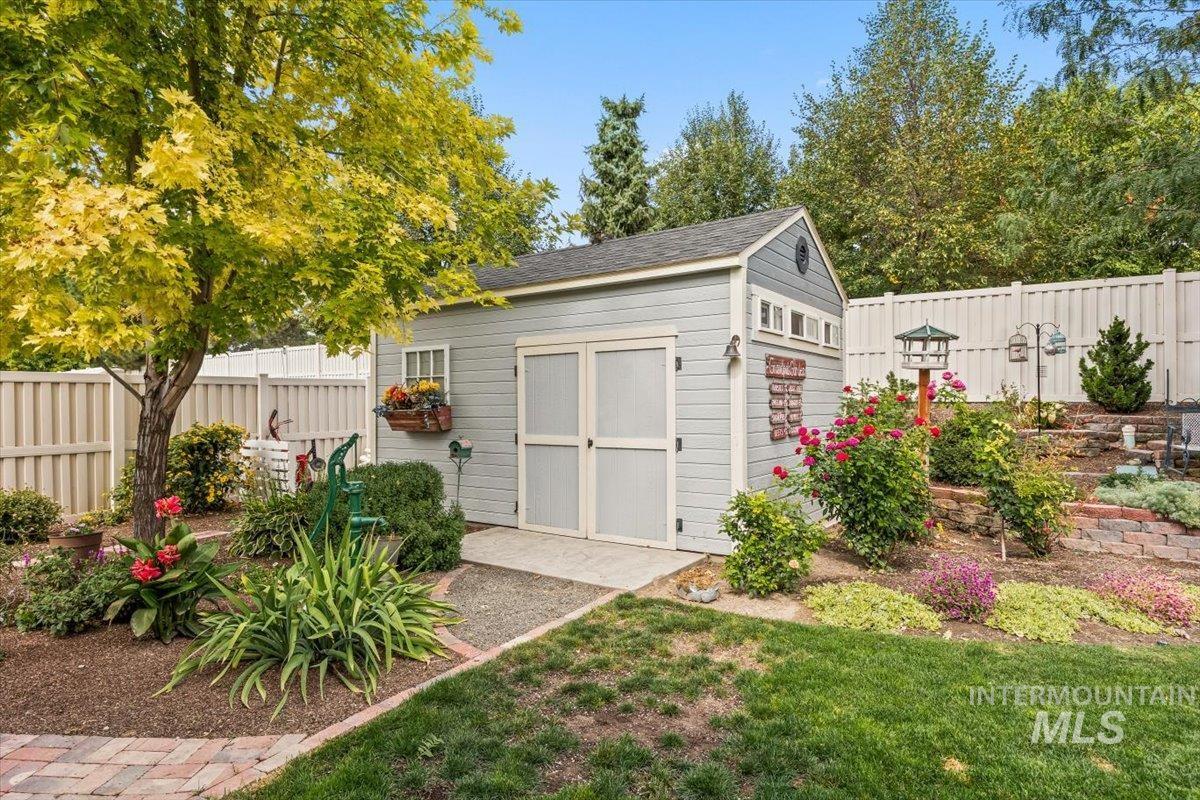 View of shed featuring a fenced backyard